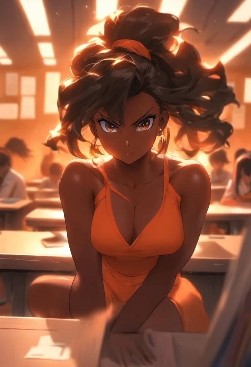 1girll, Dark skin tone, (Spread your legs 1.3), clothes off, (big breast:1.0), A high resolution, Solo, Mature female, Classroom, Teacher, (Sexy pose at the top of the table:1.1), Black hair, sitting the desk