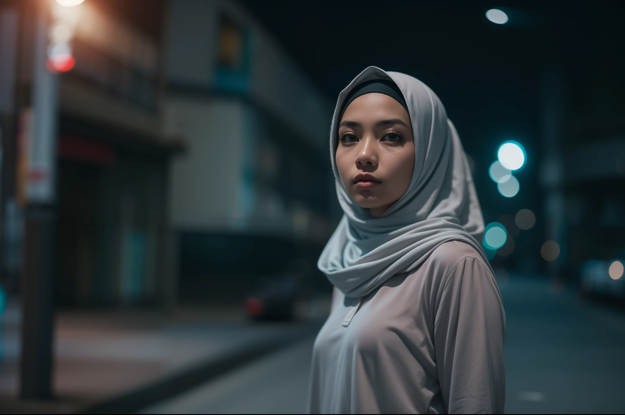 a cute malay girl in hijab and pyjamas standing in a empty city street, ite body, nighttime, 8mm lense, Close-up shot, cool-toned color grading, depth of field, film noir, high quality, ultra detailed,