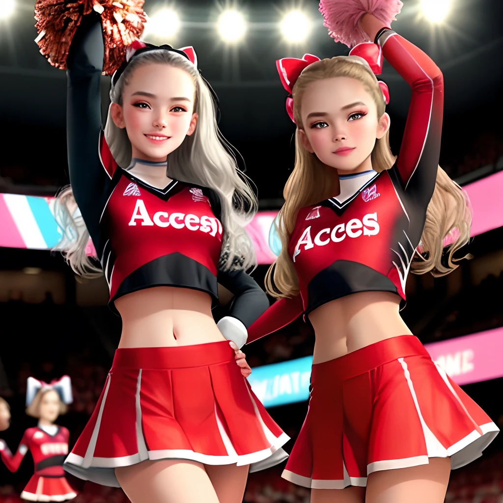 make a cheer uniform on a mannequin. black white and red. the top is long sleeved crop top with the word ACES on the chest in black. add silver, black, and red rhinestones on the skirt and top