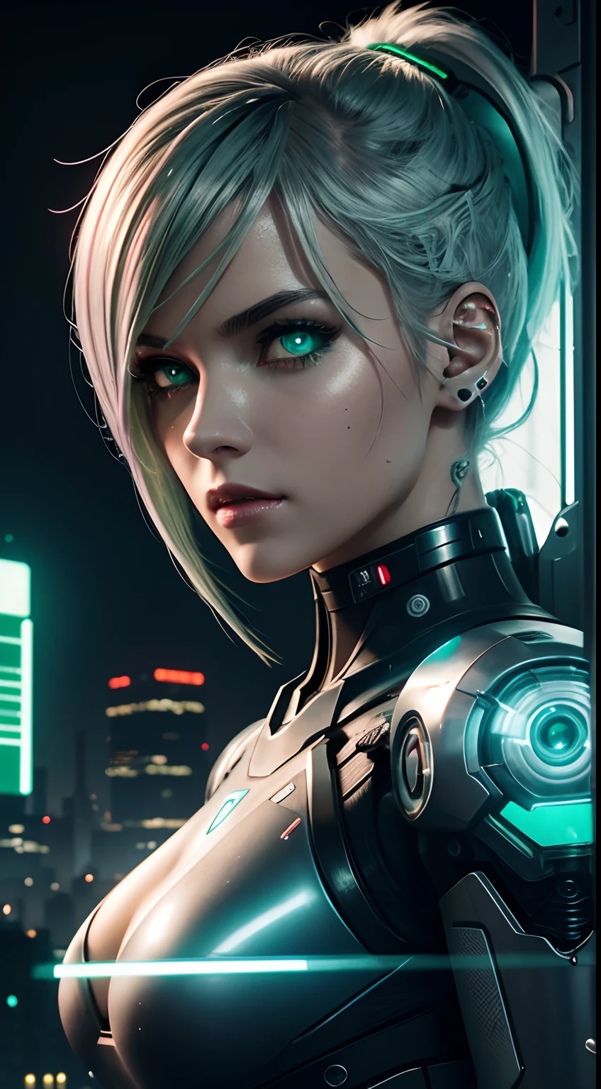 cyborg girl, robot hand, green eyes, cyberpunk city background, neon light, silver hair, masterpiece, ultra high details