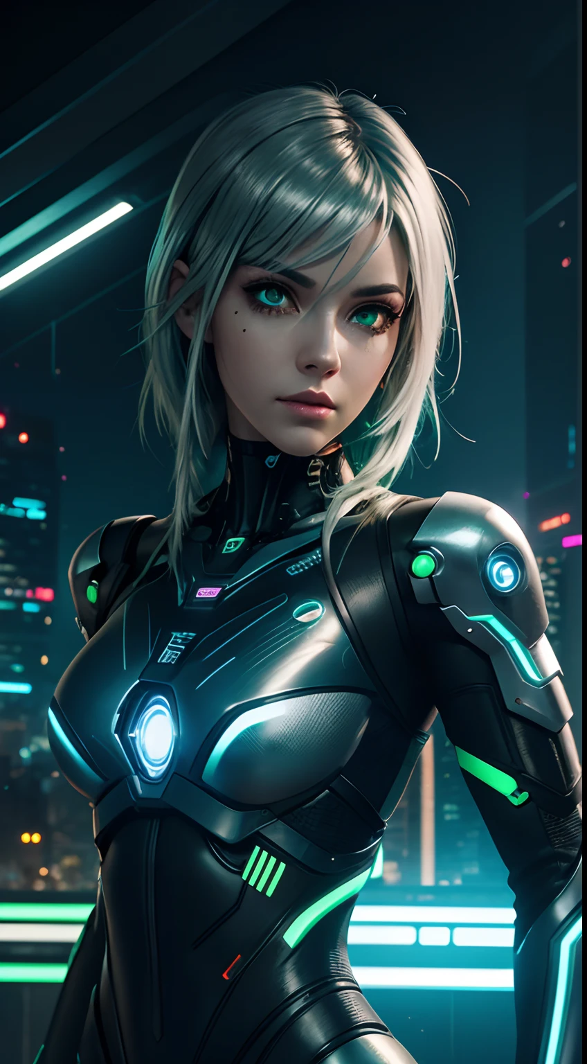 cyborg girl, robot hand, green eyes, cyberpunk city background, neon light, silver hair, masterpiece, ultra high details