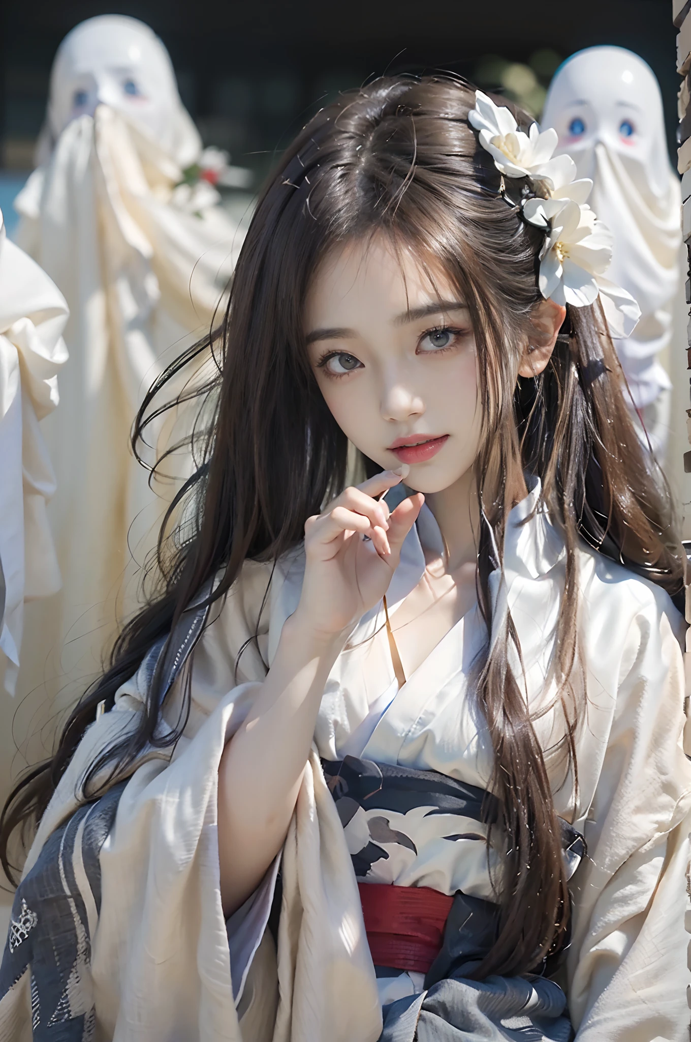((top-quality、8K、​masterpiece:1.3))、Full body posture、foco nítido:1.2、(realisitic、Photorealsitic:1.37)、((beautiful smiling face))、Gaze towards the viewer、Beautiful Face Woman、32years old、pointed chest、long eyeslashes、Colorcon、beutiful breast 、delicated、Very detailed eyes、Highly detailed eyebrows、（Sharp Eyebrows）、（Thin eyebrows）、very vey very detailed face、((Brunette short disheveled hair)),Clothed、Detailed background(8K、​masterpiece、top-quality、Raw foto) 、

It is a traditional ghost of Japan『Ghost of Pure White』Please draw。This ghost is dressed in pure white kimono,、obi々The fastener is tied to the waist。Her face is covered with a white cloth or mask,、Just draw the eyes exposed。Is she floating off her feet?、Make it look like it's floating quietly、Give your surroundings a ghostly and eerie vibe。Dark background、Make sure that the presence of ghosts stands out。