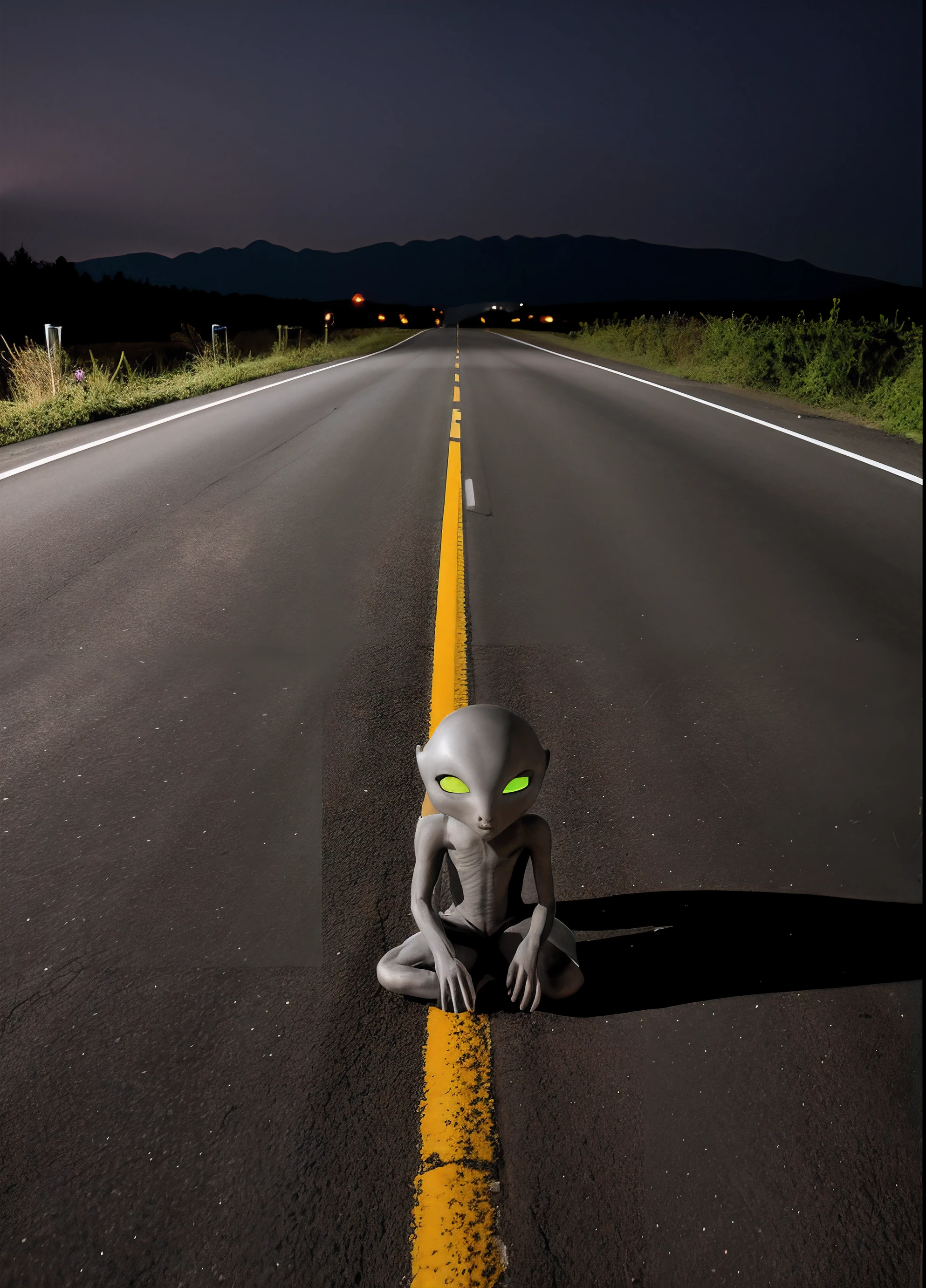 Gray alien hiding on road at night