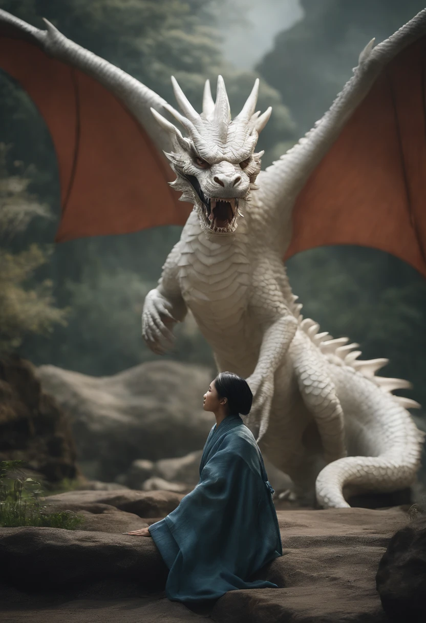 ,the beautiful scene render that a beautiful girl lies in the arms of a huge white dragon in the fairyland surrounded by white clouds, hd, dream, ultra wide angle, hyperrealism, hyper detailed.
