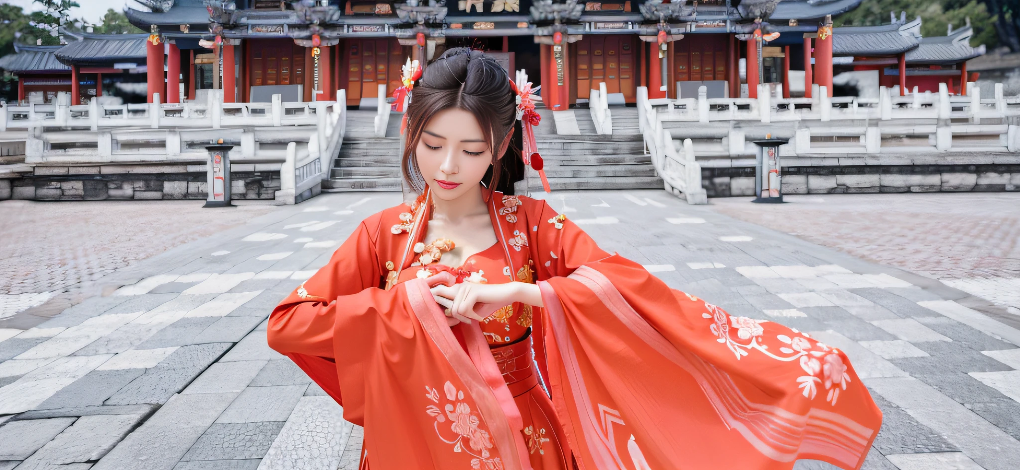 there is a woman in a red dress standing in front of a building, Palace , A girl in Hanfu, Hanfu, Wearing ancient Chinese clothes, China Princess, Chinese costume, Princesa chinesa antiga, Traditional Chinese clothing, Chinese style, Chinese traditional, Chinese dress, with acient chinese clothes, Chinese woman, Wearing a red cheongsam, Chinese girl, chinese empress