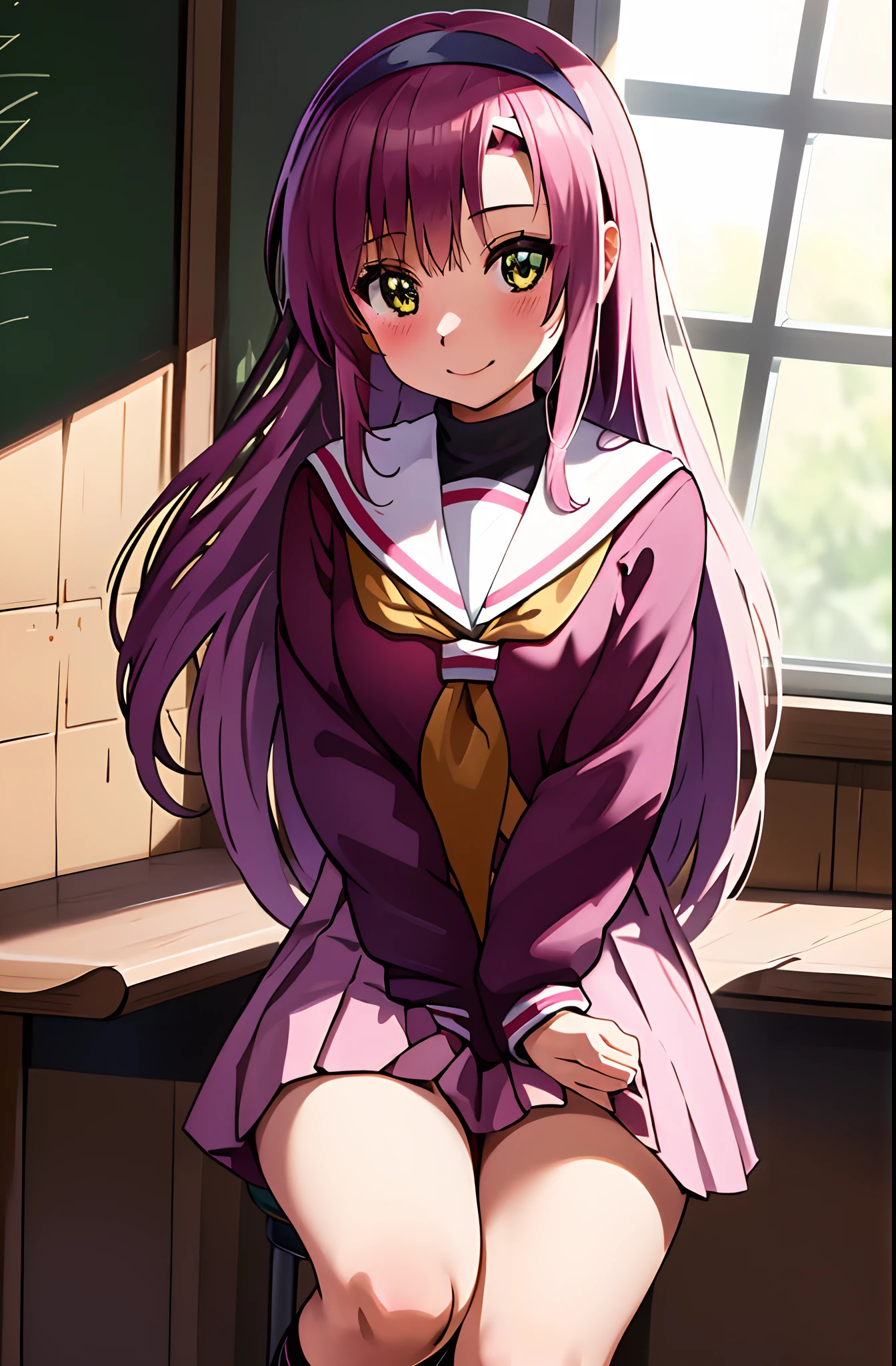 (masterpiece, best quality, detailed, highres), 1girl, solo, indoors, classroom, school desk, window, school chair, curtains, chalkboard, indian style, on desk, hand between legs, smile, closed mouth,
suigintou, XXXXXX hairband, school uniform, serafuku, pleated skirt, neckerchief, blazer, kneehighs, loafers, doll joints