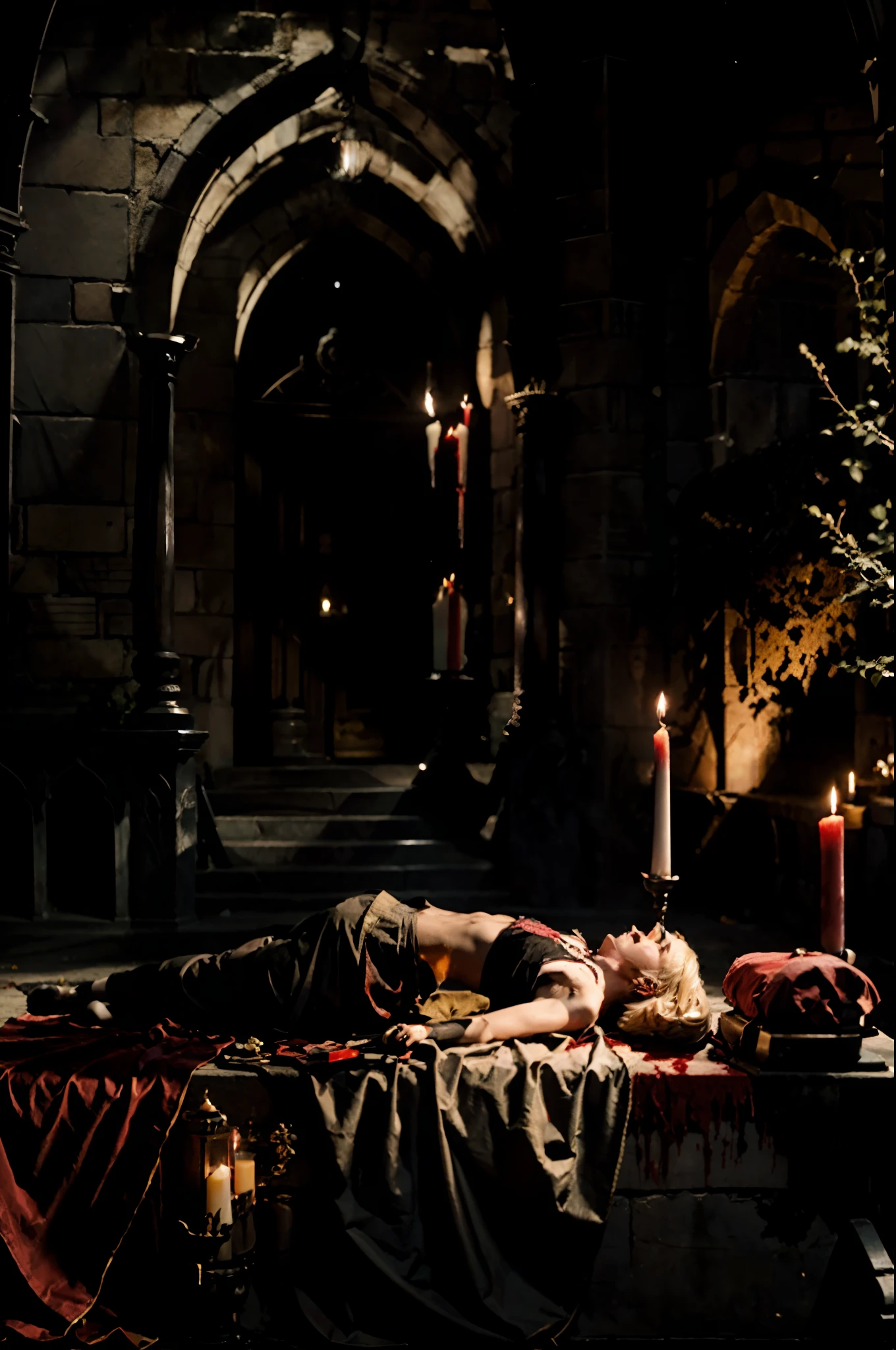 color photo of Draco Malfoy's sacrificial ritual, taking place under a blood moon. Draco is seen lying on an altar, his body positioned for the ritual. A ceremonial dagger is held above him. —c 10 —ar 2:3