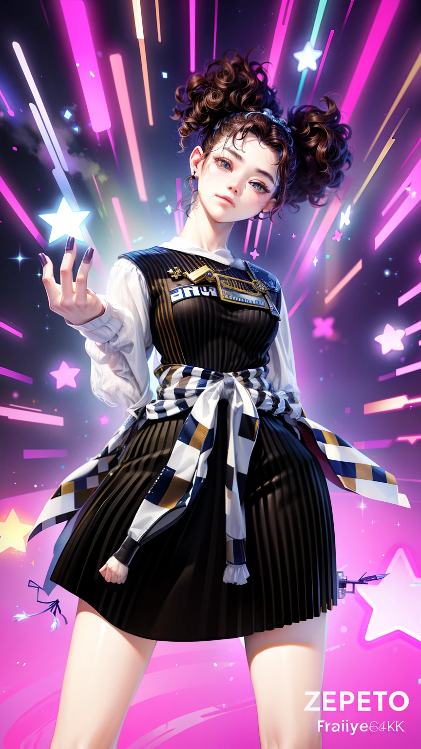 (very detailed CG unity 8k wallpaper), hyper realistic, naturalite, Modi tone, same outfit, curly hair, two sides pony till hair style, realistic texture, same pose, details feature, realistic eyes,