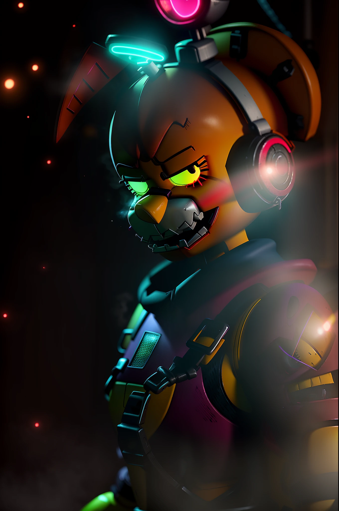 Yellow chick, fnaf yellow chick, fear face, otside fnaf pizzeria, fnaf pizzeria, blood on body, nightguard, in a pizzeria, fnaf pizzeria, Chica from fnaf, realistic chica from fnaf, rainbow bloody veins growing and intertwining out of the darkness, (disturbing)1.2, chica from fnaf cosplay, high detail, ultra detail, (looking back)1.5, centered figure, ultra hd, high quality, nightmare, sharp purple, backlighting, dark atmosphere, RTX, post processing, green fog, (white particles in the air)0.9, (neon yellow particles)1.0, five nights at freddy's