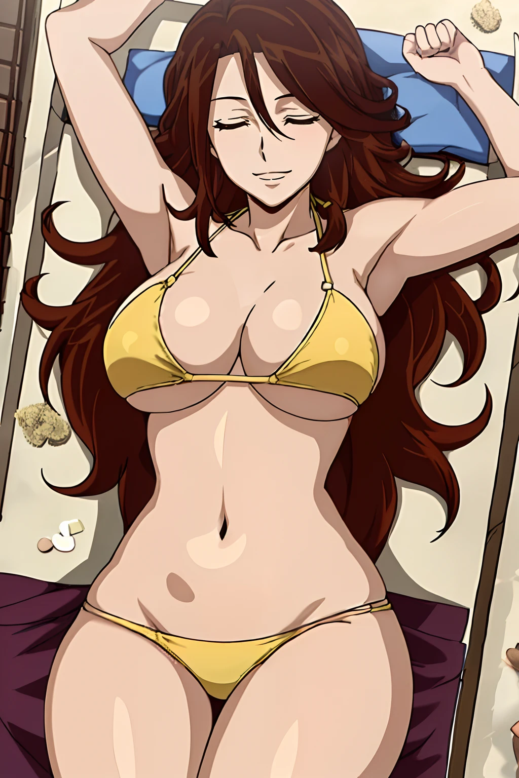 Elegant lady, anime style: 1.8, anime drawing, ultra detailed face, ultra detailed body, 4k, Sumergai Lee Noriega, ((sleeping down on wrestling ring, lying down on wrestling ring), closed eyes), best quality, anime style, hires, highest definition, digital blending, bold drawing lines, (location: beach, sunbathing), ( slim body, (little biceps), , off-shoulders, closed fists, (curvy: 2.8)), ((broken bikini, (chaps))), victorious, winner, gentle, (pale skin, shiny skin, very big breasts, smile), (big eyes, brown eyes), (brown hair, loose hair), 27 years old,