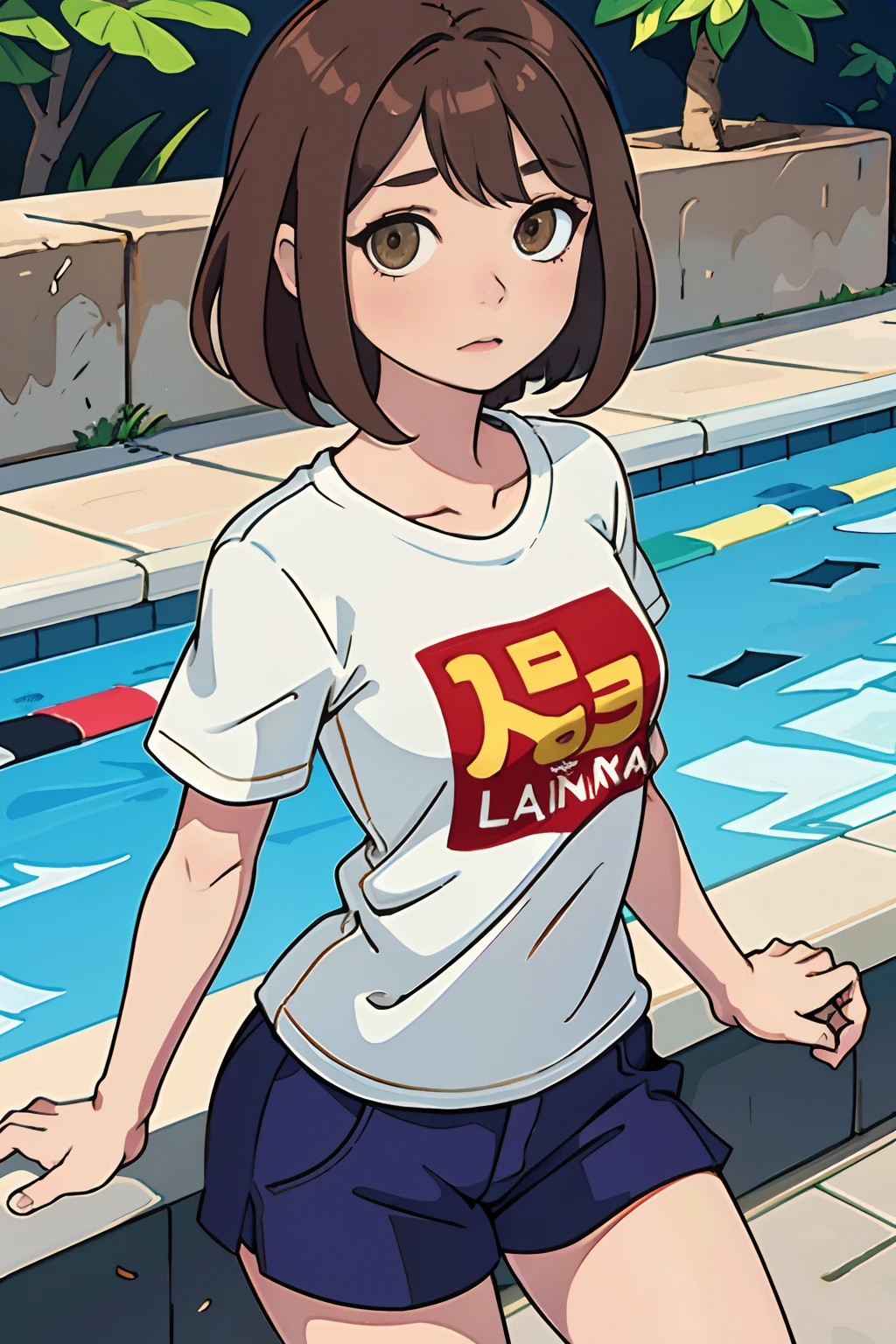 La mejor calidad ,pelo largo ,coleta, Caucasian anime girl max caulfield ,ojos grandes , , brown hair , feliz , , piel suave, , ojos expresivos , , , Camiseta roja ,pollera corta , pool