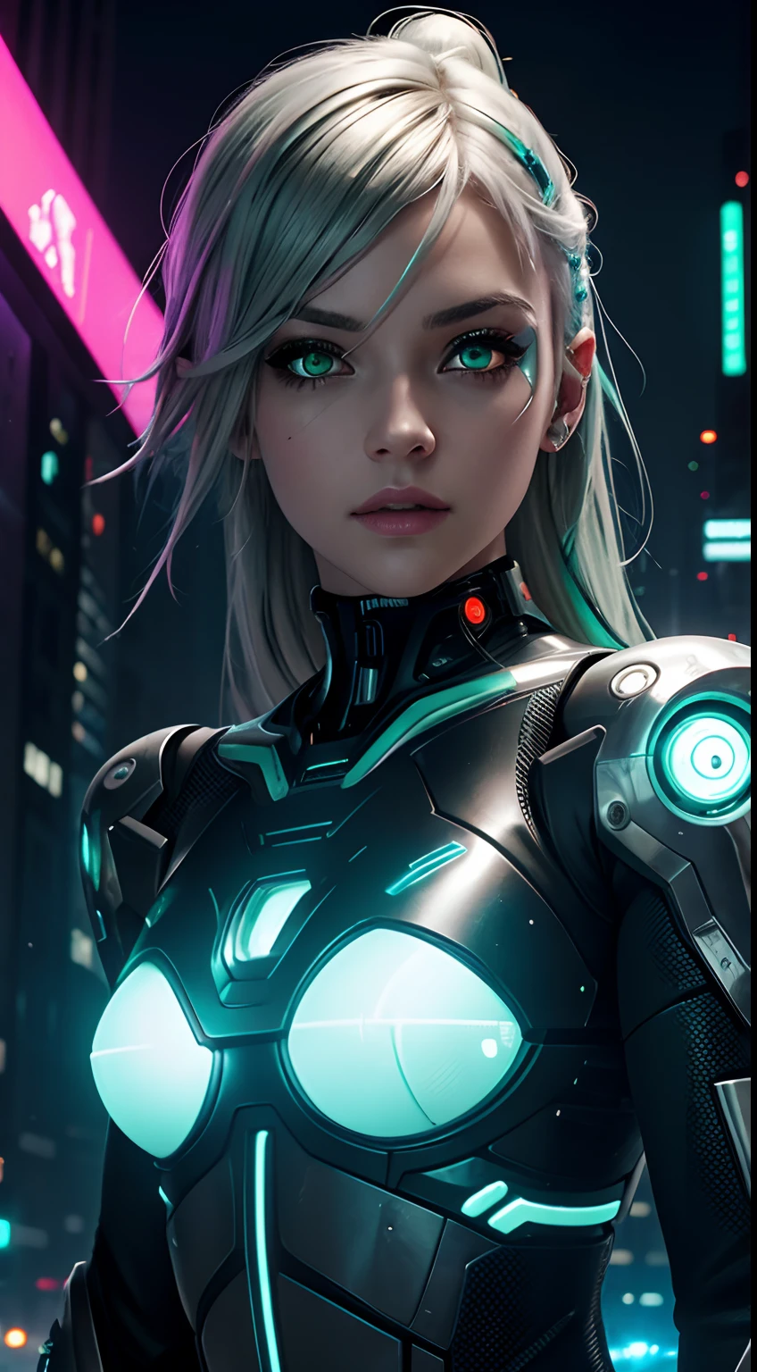 cyborg girl, robot hand, green eyes, cyberpunk city background, neon light, silver hair, masterpiece, ultra high details