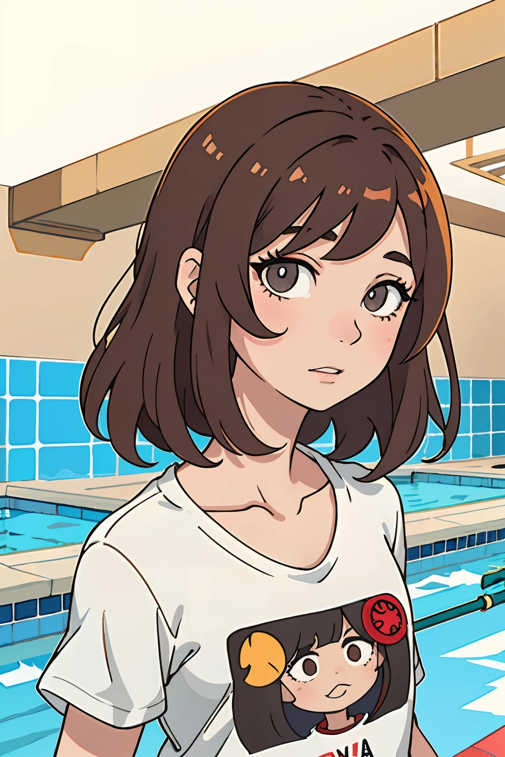 La mejor calidad ,pelo largo ,coleta, Caucasian anime girl max caulfield ,ojos grandes , , brown hair , feliz , , piel suave, , ojos expresivos , , , Camiseta roja ,pollera corta , pool