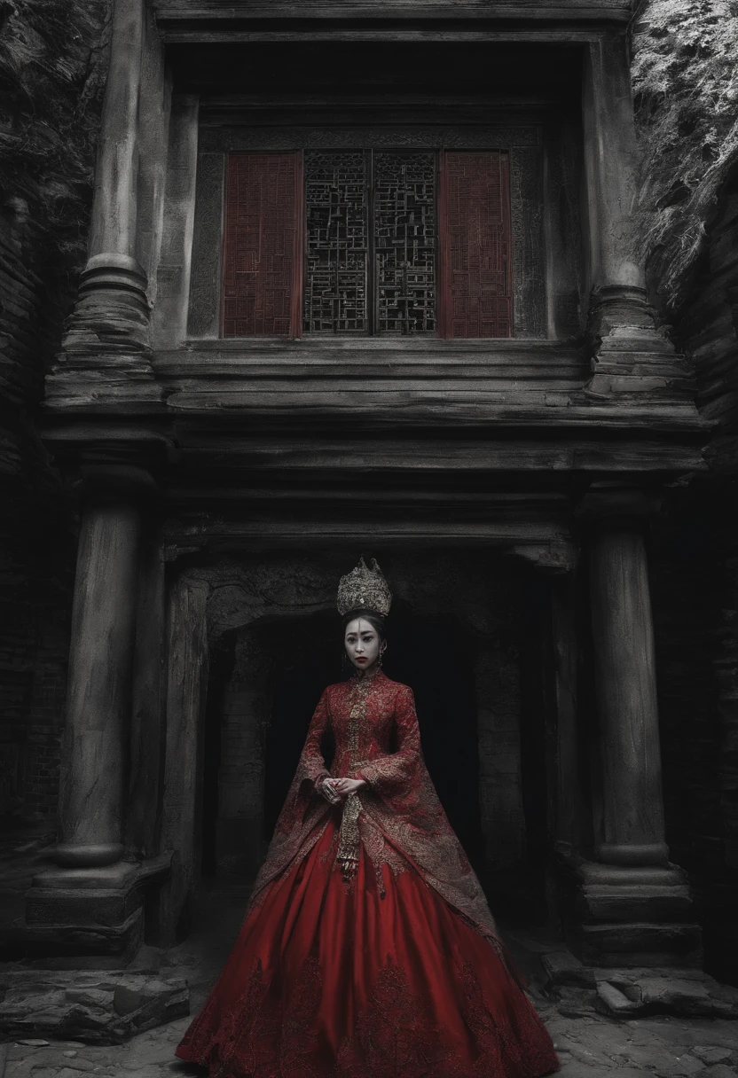 best qualtiy,tmasterpiece,hyper realisitc,超高分辨率,(realisticlying:1.4),Oriental ancient house in the background,Breakage,Broken,Detal Face, 1 Oriental Girl,Redcoat,Wedding dress,red veil,(Ghost smoke:1.2),The upper part of the body,a beauty girl,full bodyesbian,buliding,