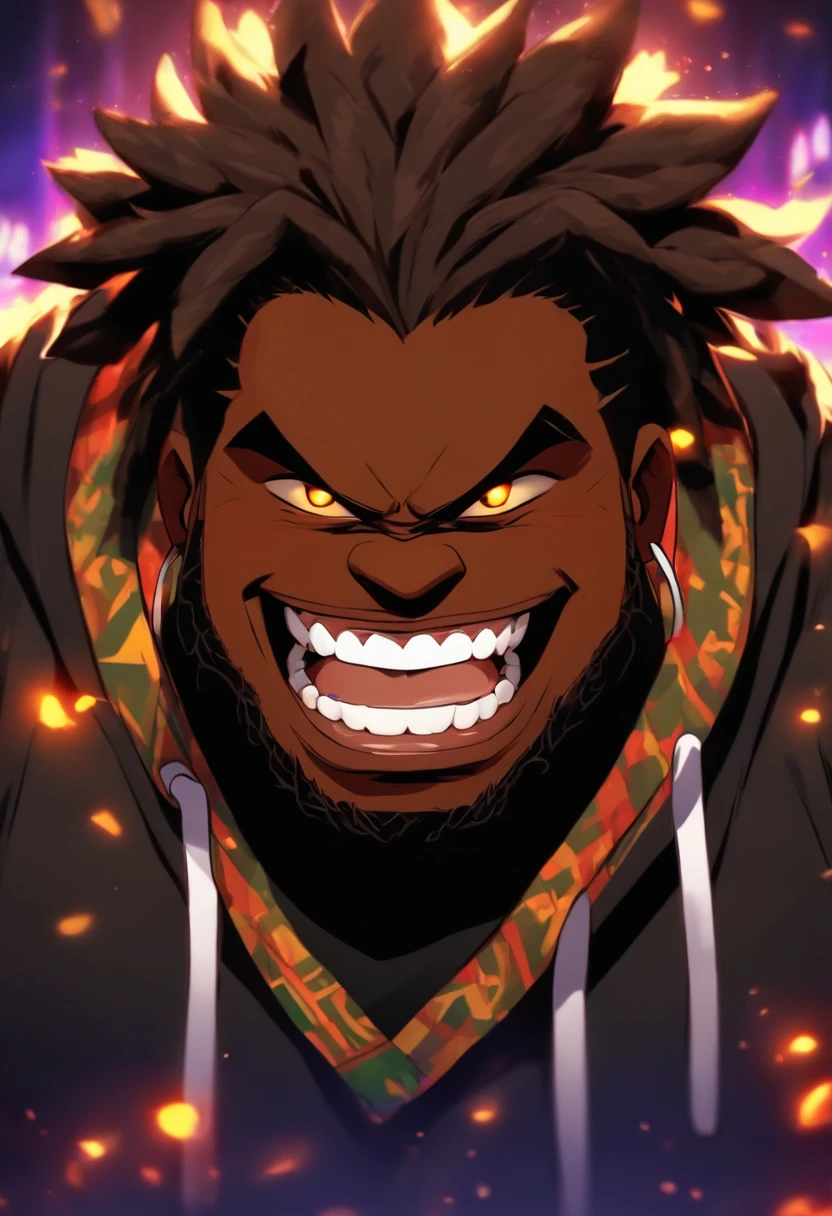 chubby black man, black man, wearing sneakers on feet, ((wearing black hoodie))dark black Rasta hair, medium length dread locs, brown eyes, evil grin, wearing black, fluffy beard, brown glowing eyes, very dark black skin, fat man, black tattoos on arms, ((one silver tooth))