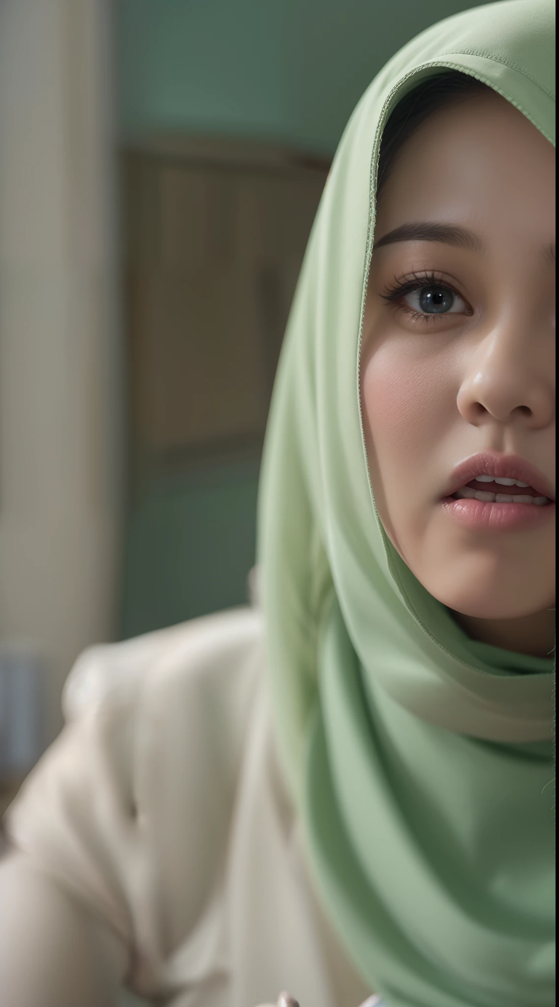 Beautiful fair skin matured malay girl in hijab seating in meeting room angry, 45 years old, milf, angry pose, angry face, meeting room, morning, wearing hijab, pastel color hijab, green office outfit, green suits, small tits, small breast, flat chest, wide waist, beer belly, thick thighs, 35mm lense, Top-Down Shot, Deep Focus cinematography effect, Natural Lighting, cool-toned color grading