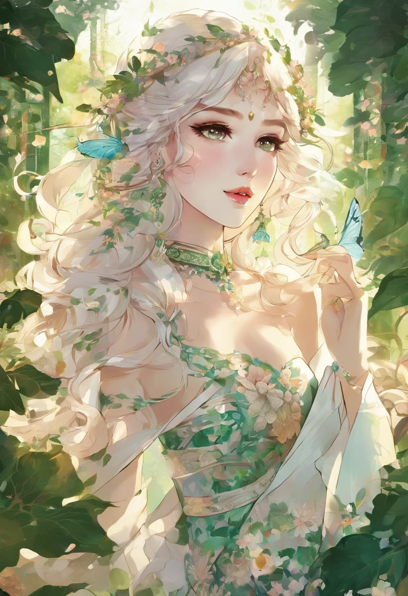(bestquality,10,10,highres,masterpiece:1.2),ultra-detail,(Realistic,photorealistic portrait,photo-realistic:1.37),An elf girl with long blonde hair wears a green dress and mesmerizing blue eyes.,Wisps of curly hair gently caressed her face.,I saw one of my breasts., Small flat breasts, small boobs, you can see the whole body., Porcelain white skin shines with an ethereal soft sheen.,The delicate face represents elegance and beauty.,Natural-looking makeup emphasizes her charming eyes.,Thin eyebrows curved up gracefully.,Long and fluttering eyelashes around stared at her passionately.,The cheeks are decorated with a soft rosy blush.,Plump and rosy lips that seem to invite smiles,Her eyes reflect curiosity and wisdom.,An intricate green leaf crown rests on her flowing lock.,The green dress is adorned with delicate embroidery and glittering jewels.,The sleeves flowed down her arms.,Soft, airy fabrics gracefully wrap around her slender figure.,A forest full of magical creatures that serve as a backdrop.,The sunlight shining through the bright leaves shines, warms and charms.,The wind gently whispers, causing the leaves to vibrate, enhances the ethereal atmosphere.,The delicate rays of sunlight that illuminate her shine., Bright shades of green and blue harmoniously fit into her surroundings.,It evokes a feeling of tranquility and magic, as if she were in a mysterious realm., Hinted at a story waiting to unfold..