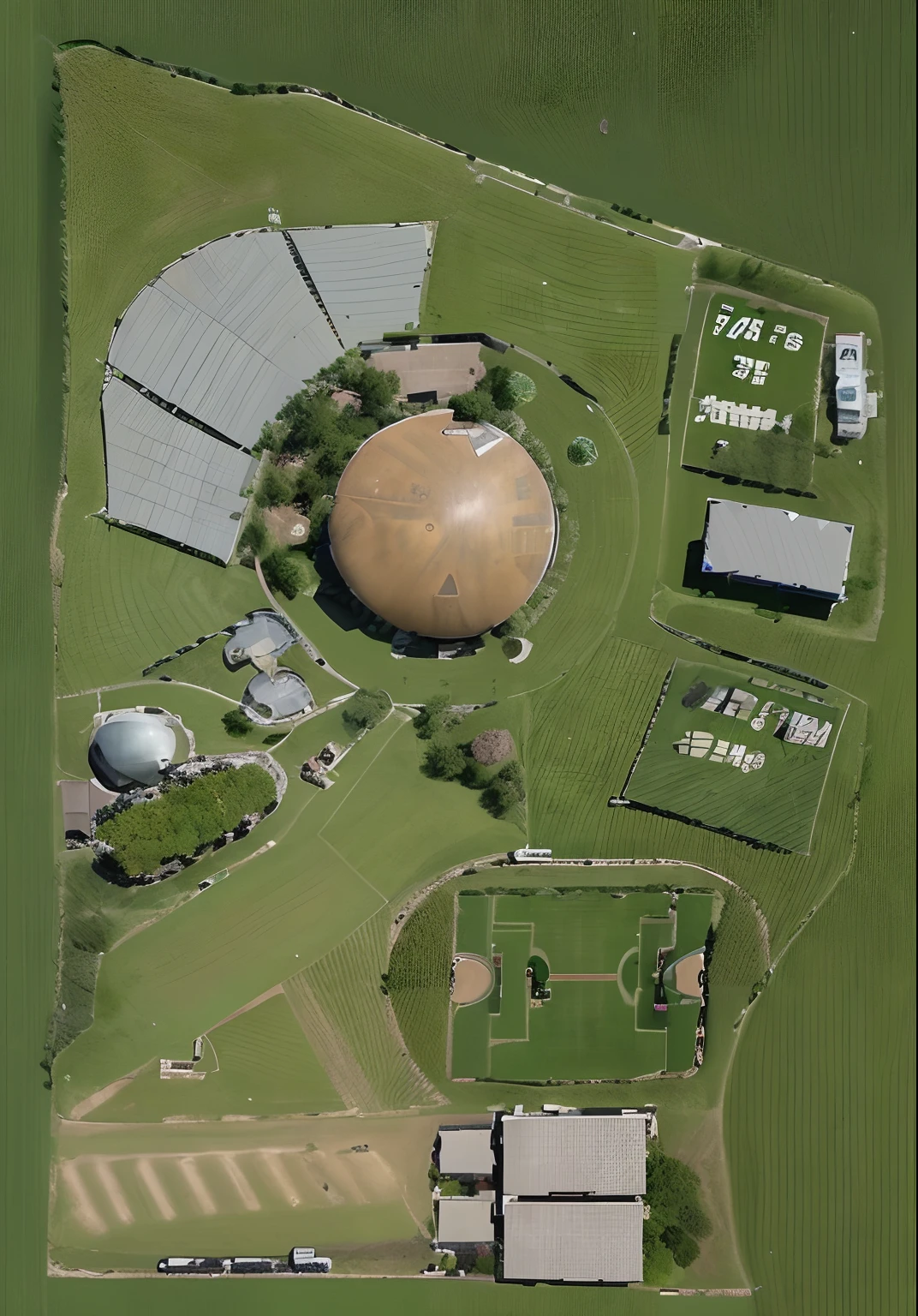 park with green areas, swimming pool, football, sand volleyball, solar farm and security post