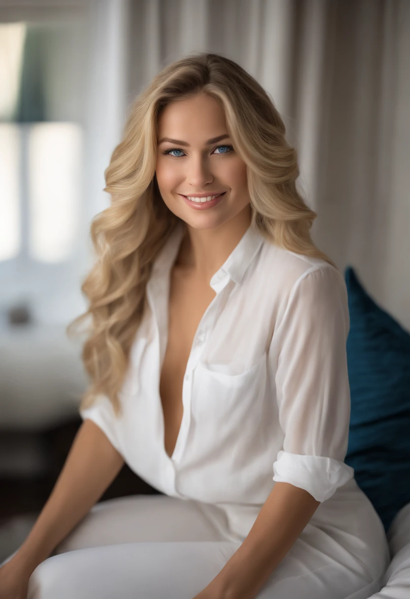 A photorealistic portrait of a 22-year-old american girl with long, wavy blonde hair and striking blue eyes. She should have a natural, approachable expression and be illuminated by soft, in the bedroom. The background should be a white bedroom with all white furniture, make her with  tight shirt. Capture this image with a high-resolution photograph using an 85mm lens for a portrait perspective, make her so everyone is attracted to her, make her smile showing off her white teeth, make it so her entire figure is shown and its hourglass shape, delete all type of Wrinkles.