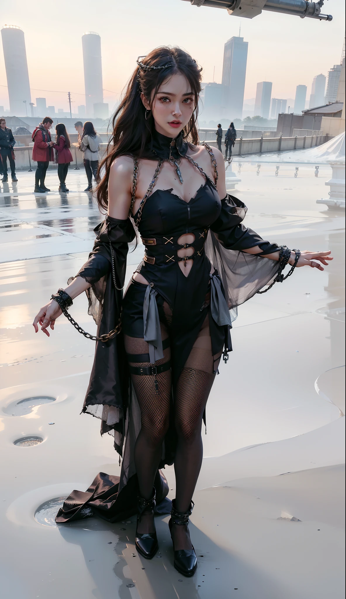 ,((Wearing a torn sheer costume of a superheroine)),(, No bra)), Wet crotch, Wet thighs, Beautiful girl with accentuated slender abs: 1.4, (((nipple tips protruding, areola is protruding, The shape of the pubic region is clearly visible)), sixpack abs: 1.4, Bust Botox, Photo, Sharpness, Unique 850 4, Koda850 k portrait camera, F1.6 shots, Ultra-realistic textures, Spectacular light textures, Cinestil 800 Fashion Mechanics, (futuristic sci-fi battle fashion: 1.1), (tied perfectly by chain), Restraint, Slaves, collars, ((wide prison with sunlight)), Dark fantasy, Realistic material details, extreme hight detail, Ultra-realistic materials ((Torn costume))), Wet, Cloudy, (Chained)), ((big emphasized by chains)), ((chains digging into crotch)), ( (Collar)), (, No bra), shredded costumes, broken golden shields and battle spears,, White combat gloves, Combat shoulder armor, Blood splattered on the face, Blood splattered, Realistic, (Bruises, Dirty, ripped clothing, skimpy clothing, Blood: 1.3), Torn Cape, Torn pantyhose, Long legs, ((iron pipe in the crotch)), Metallic shackles and fetters, ((chains hung from heaven)), Wet crotch is clearly visible, Swarovski's sword and the anatomy beneath his feet, (futuristic sci-fi battle fashion, Torn mesh stockings),