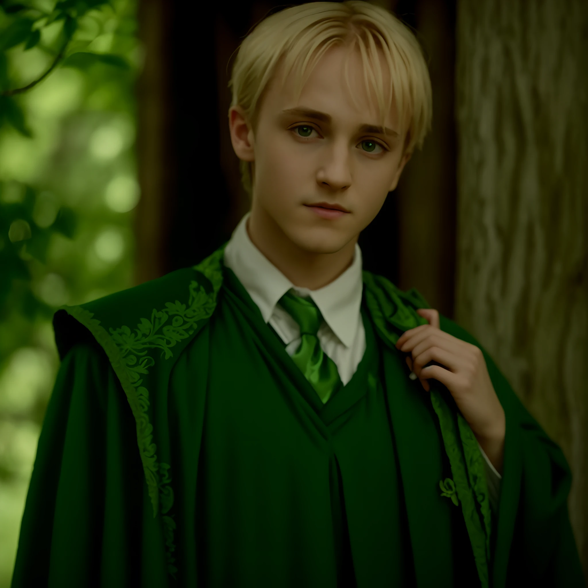 Boy in green robe and tie standing next to a tree, Similar to Malfoy, Drache, wear dark green robes, dressed only in a green robe, Elijah Wood als Harry Potter, Filmstill von Harry Potter, Harry Potter raucht Gras, Plunder, Hogwarts tragen!!! Kleider!!!, Der junge Tom Hiddleston, Standbild von Harry Potter, dressed in a green robe