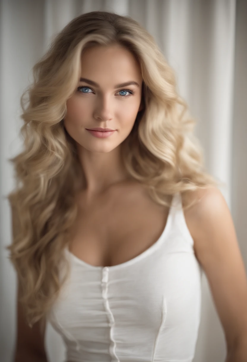 A photorealistic portrait of a 22-year-old american girl with long, wavy blonde hair and striking blue eyes. She should have a natural, approachable expression and be illuminated by soft, in the bedroom. The background should be a white bedroom with all white furniture, make her with skirt. Capture this image with a high-resolution photograph using an 85mm lens, make her so everyone is attracted to her, make her smile showing off her white teeth, make it so her entire figure is shown and its hourglass shape, delete all type of Wrinkles, ultra big breastso