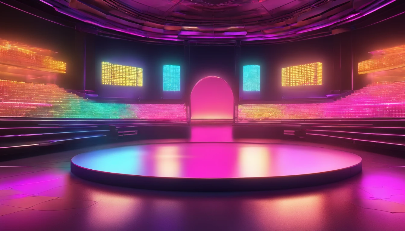 ​masterpiece, top-quality, Fancy spacious live stage,　near future, the panorama, frontage, glaring, Lots of magenta spotlights, Black glossy floor, Contre-Jour, a cool, Fancy decoration, with no people, clean back ground, 3d rendered
