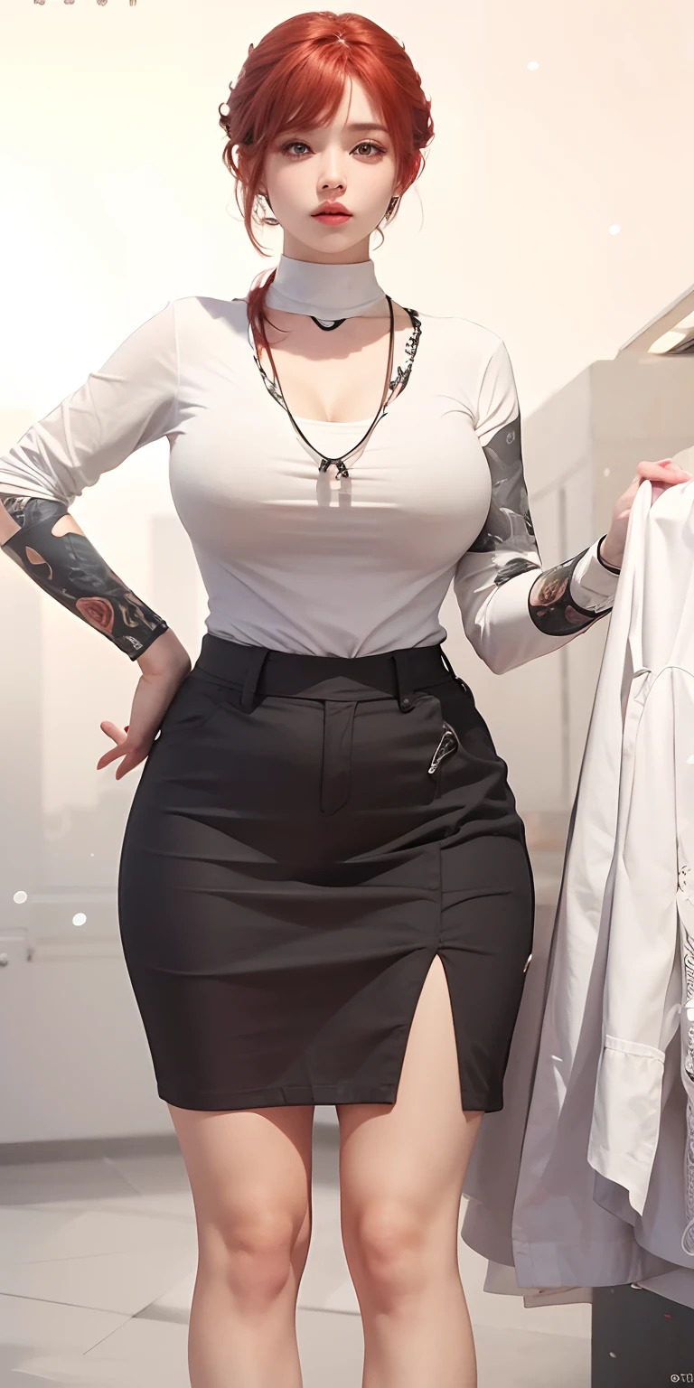 1girl,huge breast,red hair, white and black clothes, ultra detailed, masterpiece, realistic