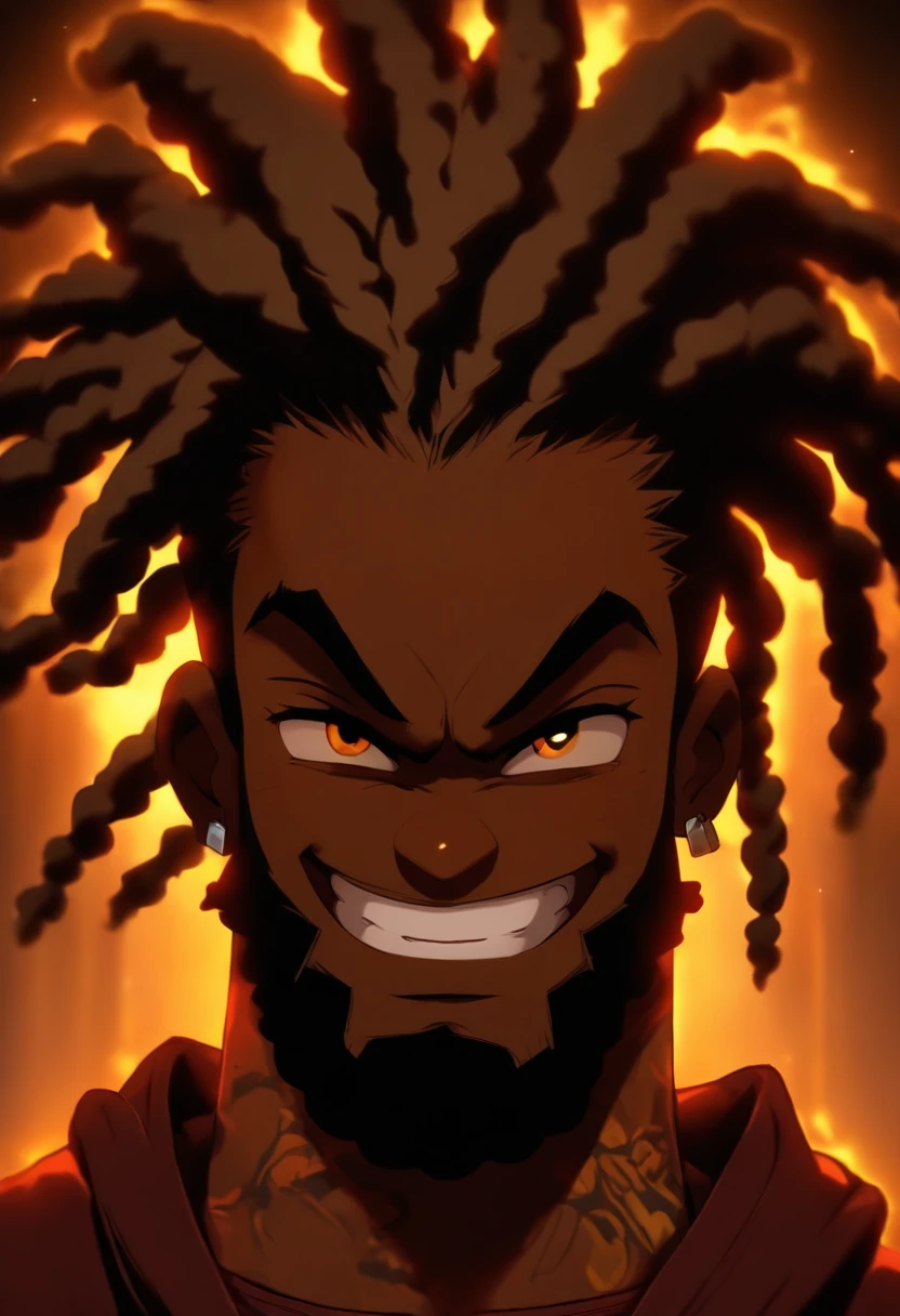 standing portrait, chubby black man, black man, wearing sneakers on feet, ((wearing black hoodie)), dark black Rasta hair, (chest length dread locs), brown eyes, cheeky grin, wearing black, fluffy beard, brown glowing eyes, very dark black skin, fat man, black tattoos,