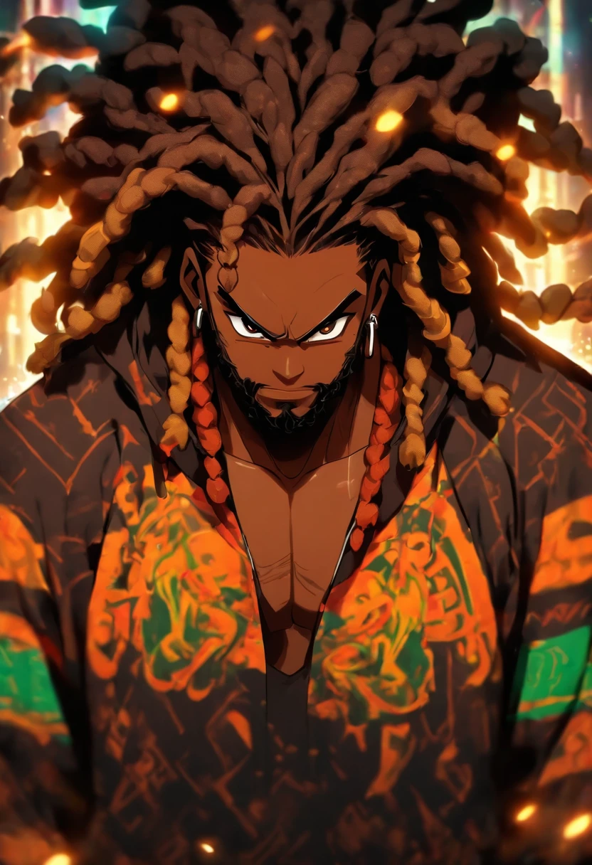 standing portrait, chubby black man, black man, wearing sneakers on feet, ((wearing black hoodie)), dark black Rasta hair, (chest length dread locs), brown eyes, cheeky grin, wearing black, fluffy beard, brown glowing eyes, very dark black skin, fat man, black tattoos,