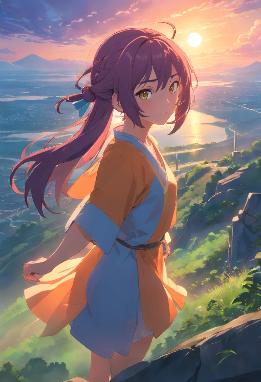 masterpiece, best quality, sunset, sky, the top of the hill, steam, game_cg, science_fiction, monster, orc, double_bun, shiny hair, multicolored hair, slit pupils ,