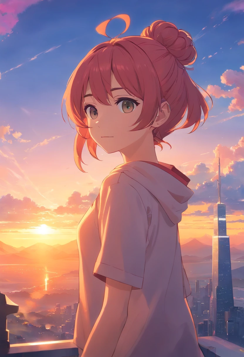masterpiece, best quality, sunset, sky, the top of the hill, steam, game_cg, science_fiction, monster, orc, double_bun, shiny hair, multicolored hair, slit pupils ,