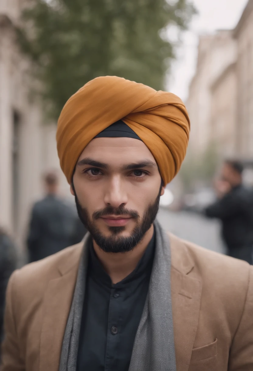 A man wearing a turban stands in the city, style is moody and tranquil scene, social media portrait, detailed portrait, (upper body)