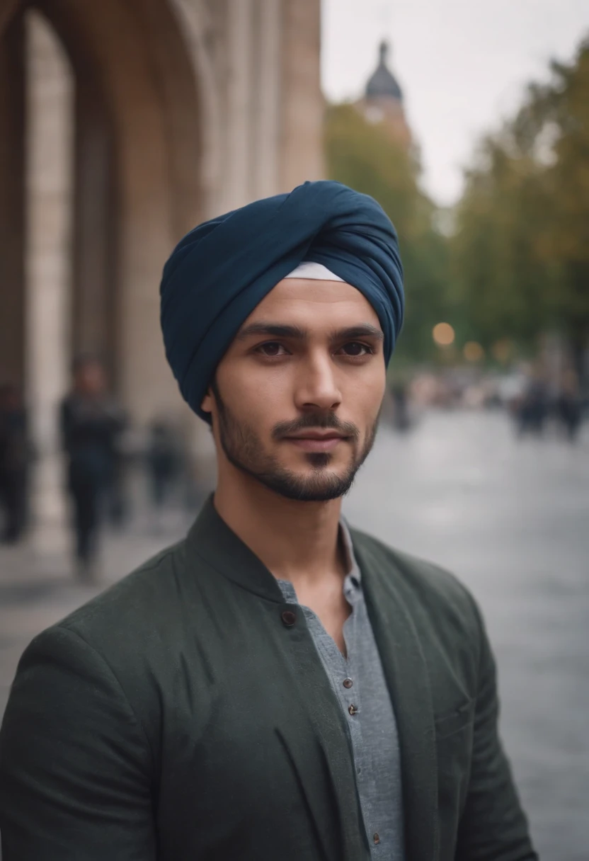 A man wearing a turban stands in the city, style is moody and tranquil scene, social media portrait, detailed portrait, (upper body)