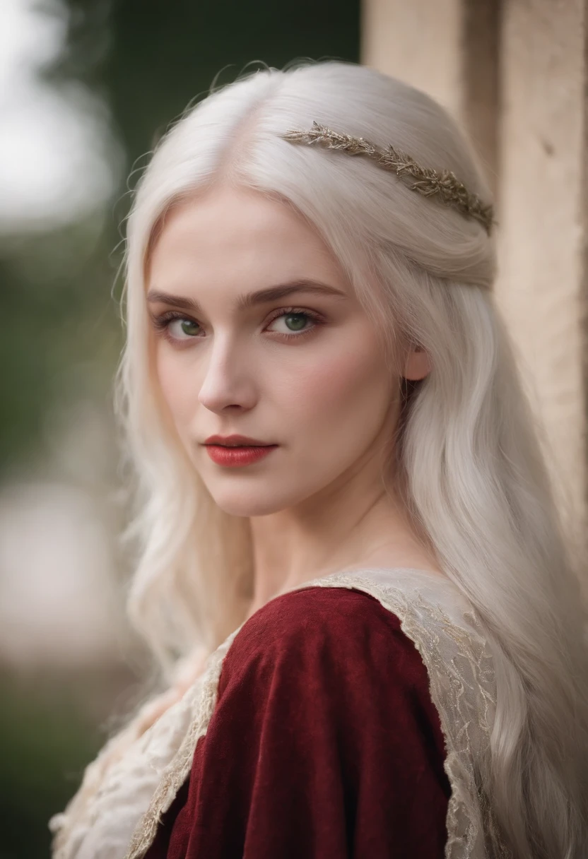 (((a deep reddish wound crosses her left cheek))) fair complexion, woman around 19 years old, natural white hair, distinctive green eyes, wearing kohl, slender and graceful, beautiful, candlelight in a medieval setting, ultra sharp focus, realistic shot, medieval female clothes, tetradic colors (scar:1.4)