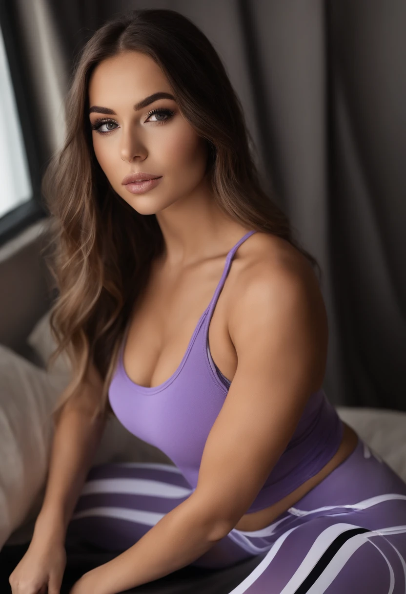 arafed woman with matching tank top and panties, sexy girl with brown eyes, portrait sophie mudd, brown hair and large eyes, selfie of a young woman, bedroom eyes, violet myers, without makeup, natural makeup, looking directly at the camera,, subtle makeup, stunning full body shot, in bedroom, cleavage, barely nude