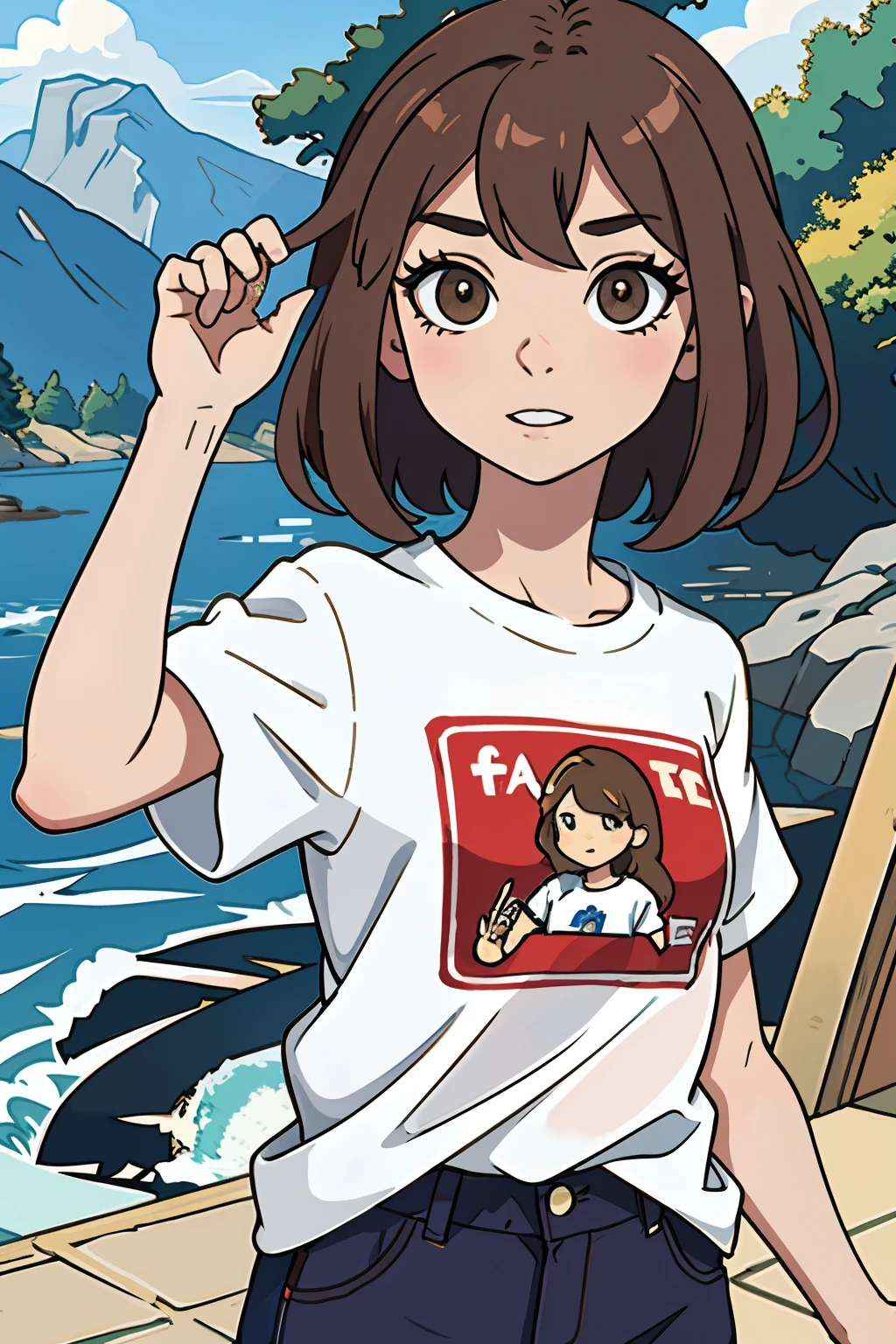 ,La mejor calidad ,pelo largo ,, Caucasian anime girl max caulfield ,ojos grandes , , brown hair , feliz , , piel suave, , ojos expresivos , , , Camiseta roja ,pollera corta , river