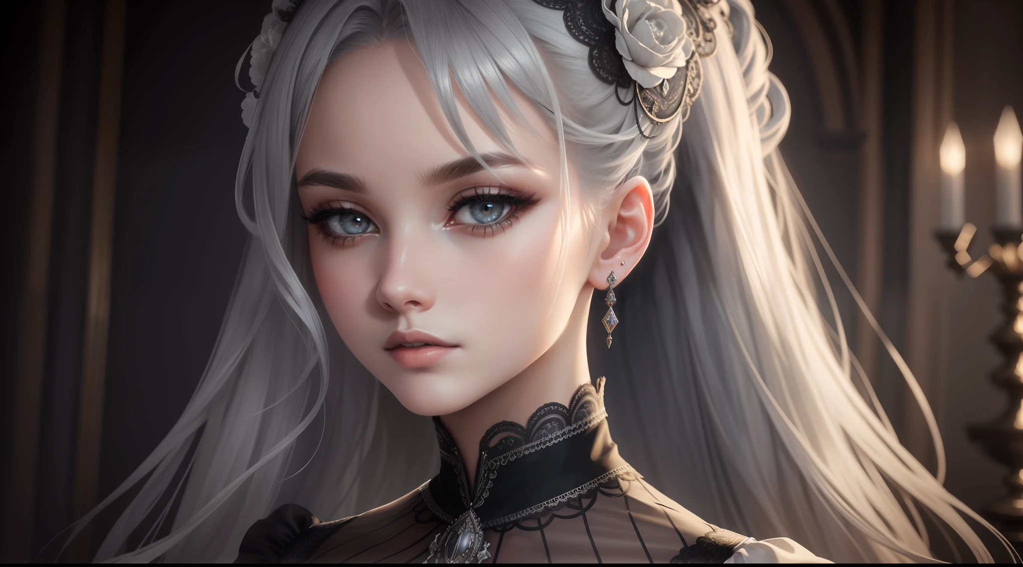 highly detailed, 8k, masterpiece, 1girl, Grey two-tone_hair, dress , , (perfect_face), ornate, intricate, dramatic lighting, 4k, detailed_background, caustics, portrait, , from_side