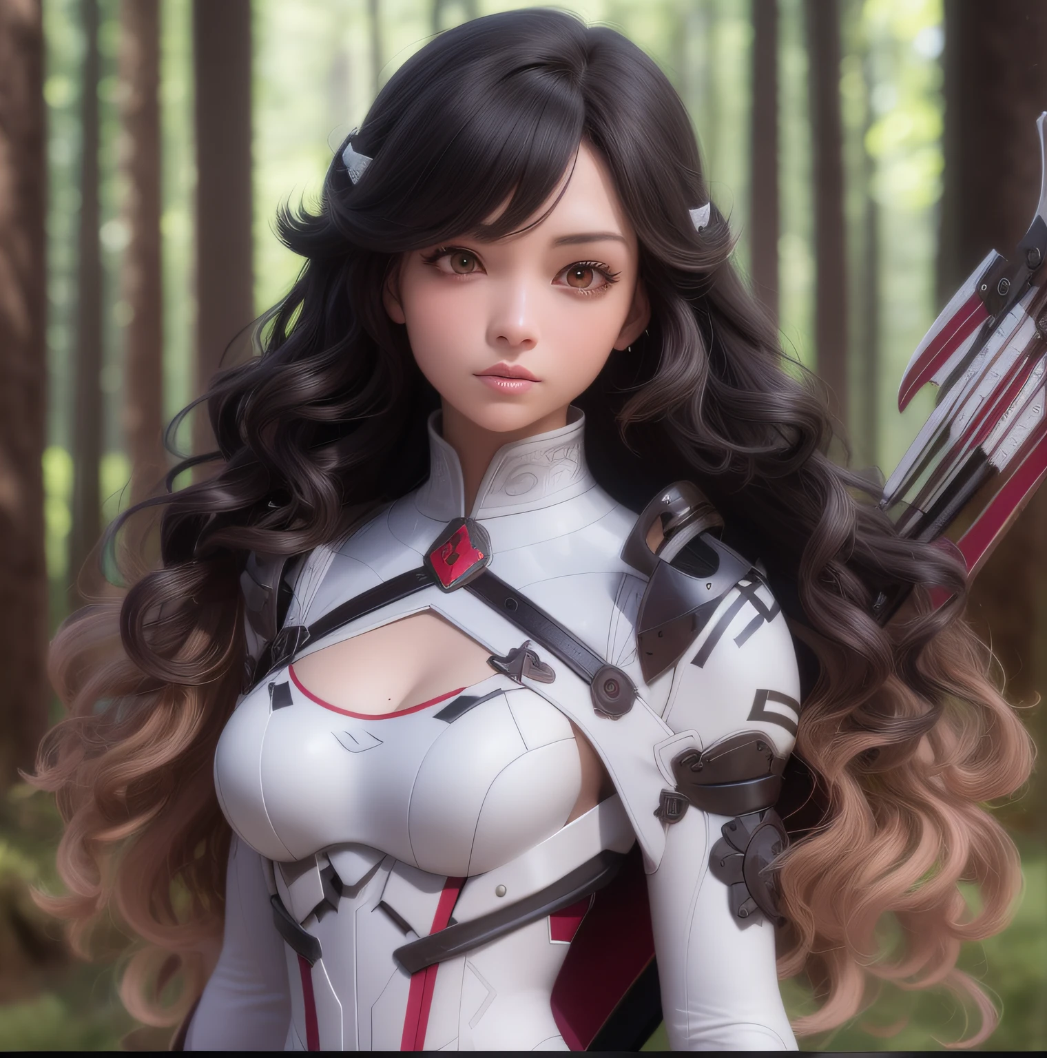 female character, 3d style anime, 18 years old, woman, long and curly black and blonde hair creating a gradient, dark brown eyes, light skin, white armor with ancient medieval style and design with red streaks covering the entire body, bow and arrow with medieval design on the back, characteristic forest of medieval Brazil in the background, high quality, 8k, ultra detailed, realistic