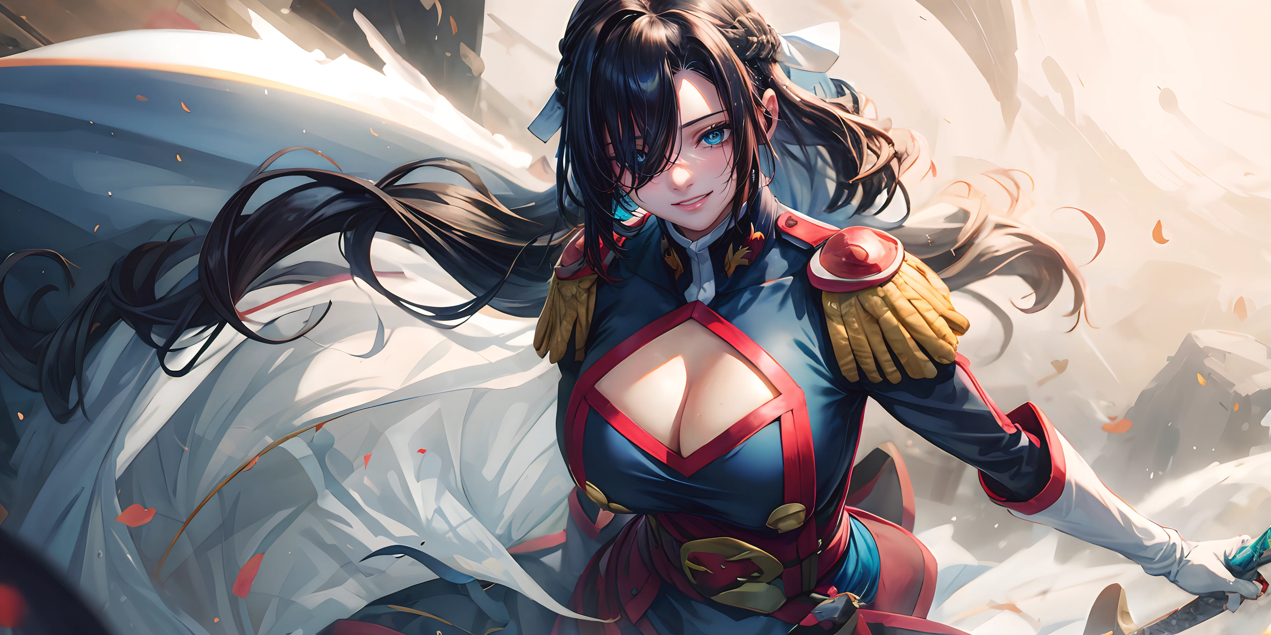 1girl, breasts, red_hair, long_hair, red_eyes, gloves, sword, cleavage, solo, large_breasts, weapon, holding, floating_hair, looking_at_viewer, dress, smile, bangs, hair_over_one_eye, holding_sword, black_jacket, half_gloves, jacket, petals, holding_weapon, long_sleeves, black_dress, cape, very_long_hair, black_gloves, "long shot scenic professional photograph of {prompt}, perfect viewpoint, highly detailed, wide-angle lens, hyper realistic, with dramatic sky, polarizing filter, natural lighting, vivid colors, everything in sharp focus, HDR, UHD, 64K", anime coloring, anime screencap, sweating, azumafubukimanga,