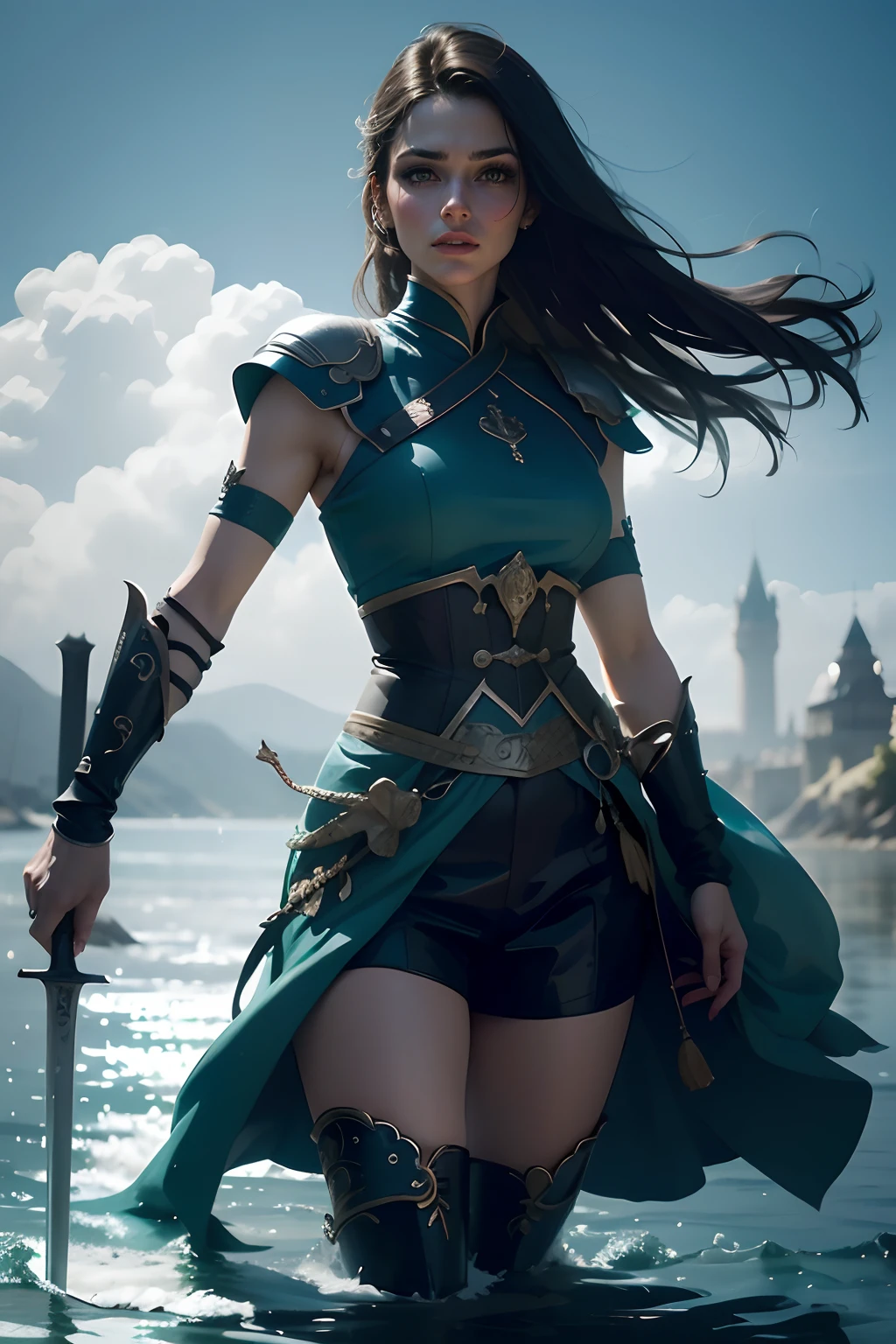 mulher guerreira, with sword in hand, Sword Dance,roupas verdes e pratiado, mulher andando sobre uma praia, castelo de fundo, mulher bonita, mulher de cabelos flutuando, Nothing in hand, Blue Sky Beautiful Woman, cabelo preto, queda de cabelo, with sword in hand, cabelo preto, mulher bonita, Pink-lipped woman, Woman with closed lips