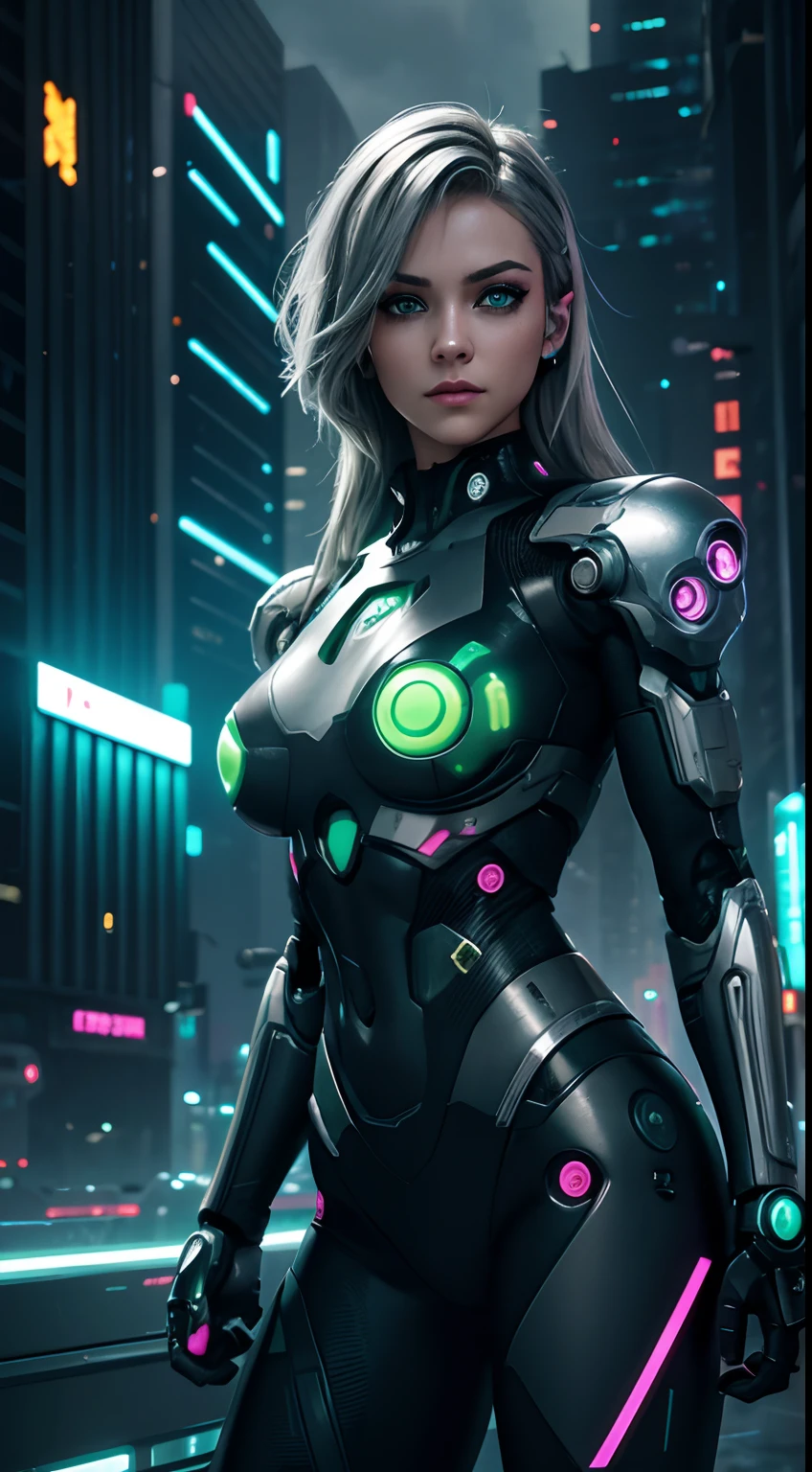 cyborg girl, robot hand, green eyes, cyberpunk city background, neon light, grey hair, masterpiece, ultra high details