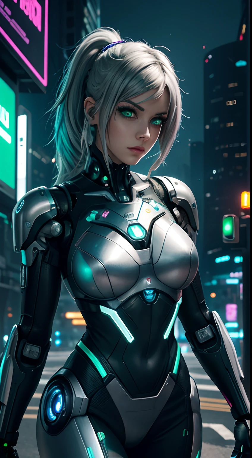 cyborg girl, robot hand, green eyes, cyberpunk city background, neon light, grey hair, masterpiece, ultra high details