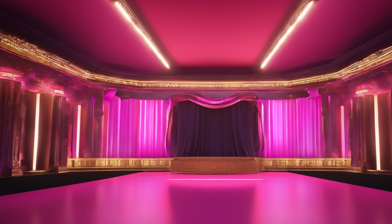masterpiece, top-quality, Fancy spacious live stage, near future, the panorama, frontage, glaring, Lots of magenta spotlights, Black glossy floor, Contre-Jour, a cool, Fancy heart decoration, with no people, clean back ground, 3d rendered