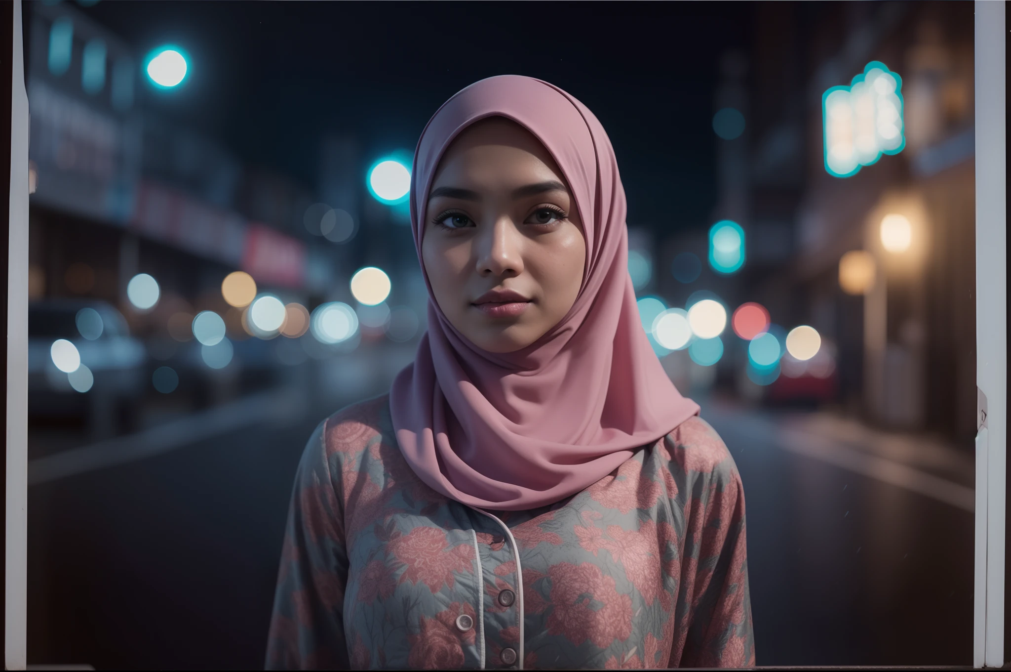 a beautiful malay girl in hijab and tight pyjamas standing in a empty city street, petite body, nighttime, Super 8mm lense, Low angle shot, bright color grading, depth of field, western, high quality, ultra detailed, 8k resolution,