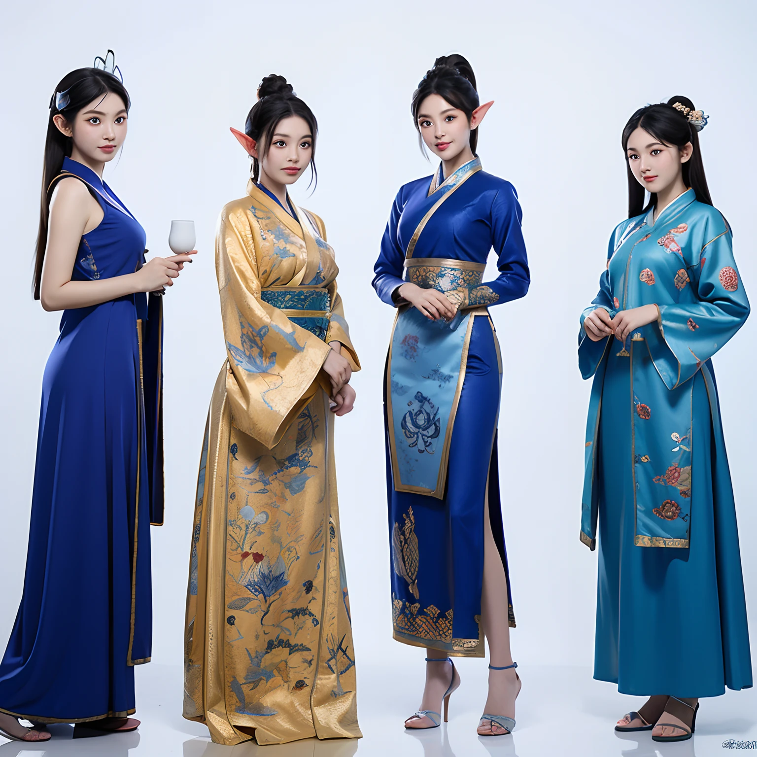 Three views of the game's character design(frontage,Lateral face,on back),Song dynasty costumes,Jun porcelain,the elf,