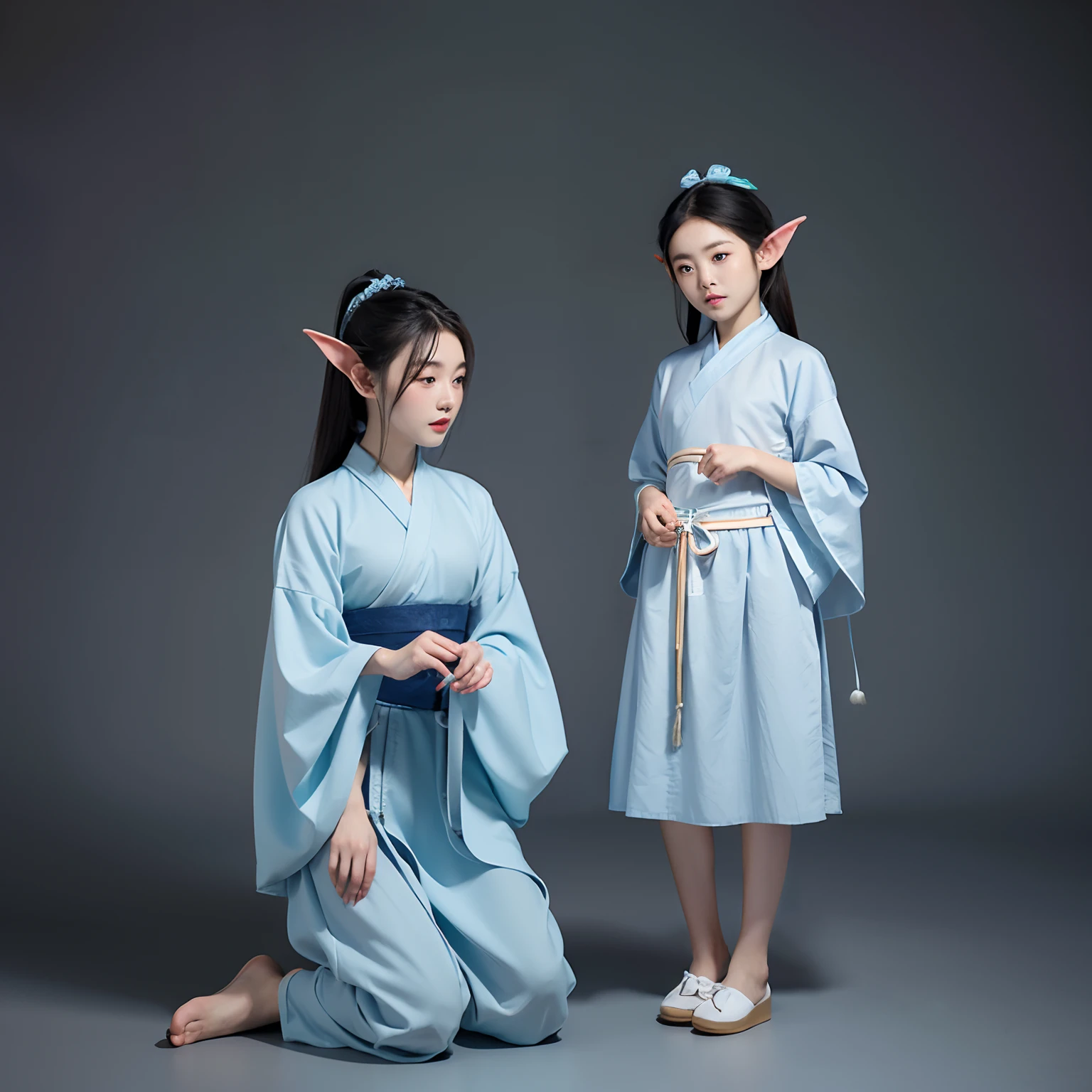 The same characters，frontage，Lateral face，on  back），simple backgound，Song dynasty costumes，Jun porcelain，the elf，femele