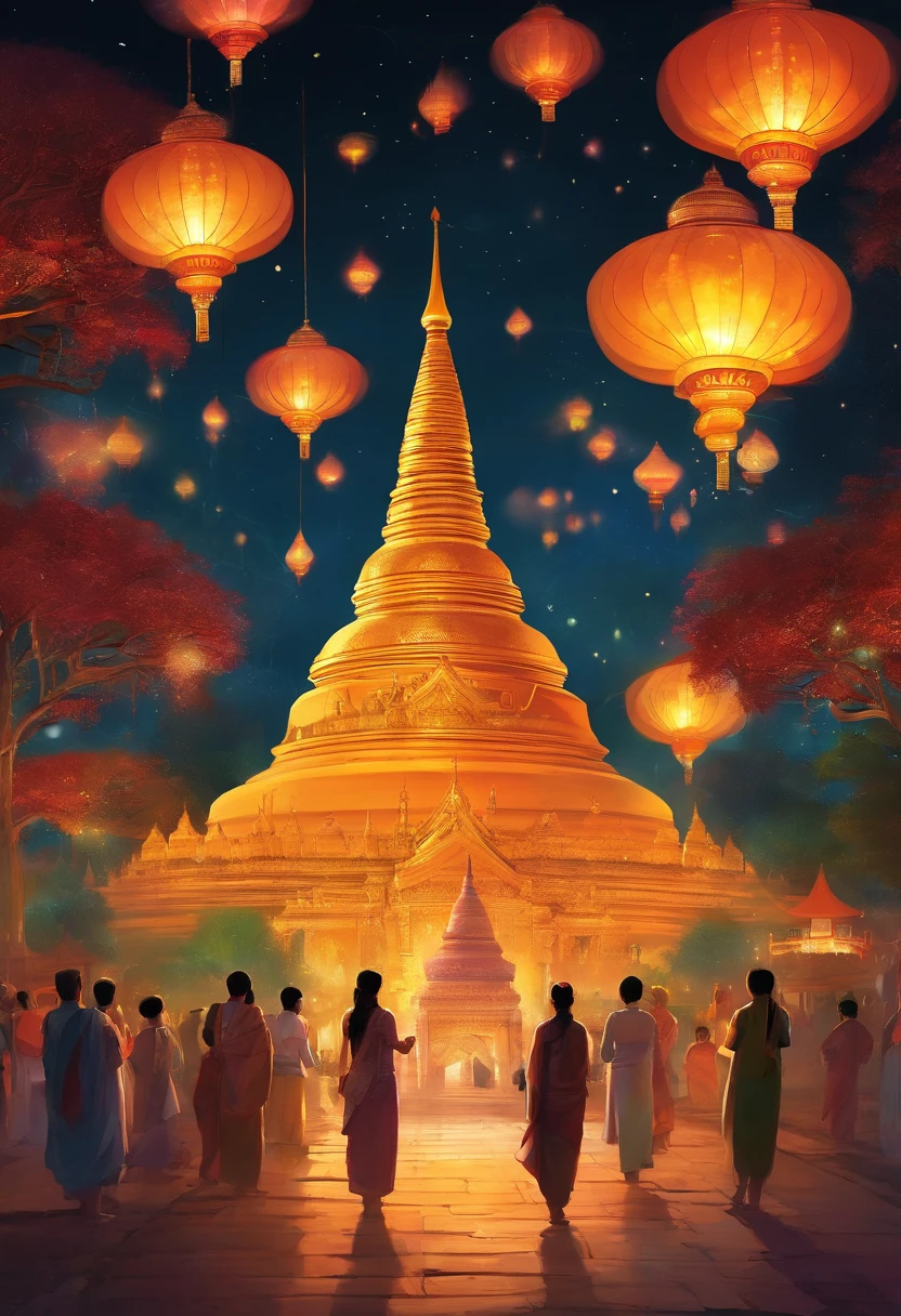 Myanmar lighting festival in Full Moon Night. Burmese people are liting candles  on oil lamp around pagoda happily.