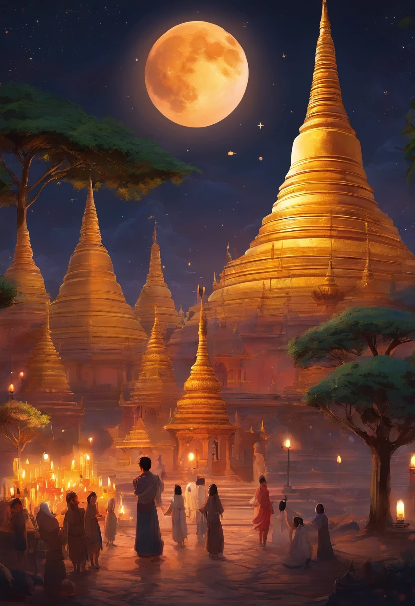 Myanmar lighting festival in Full Moon Night. Burmese people are liting candles  on oil lamp around pagoda happily.