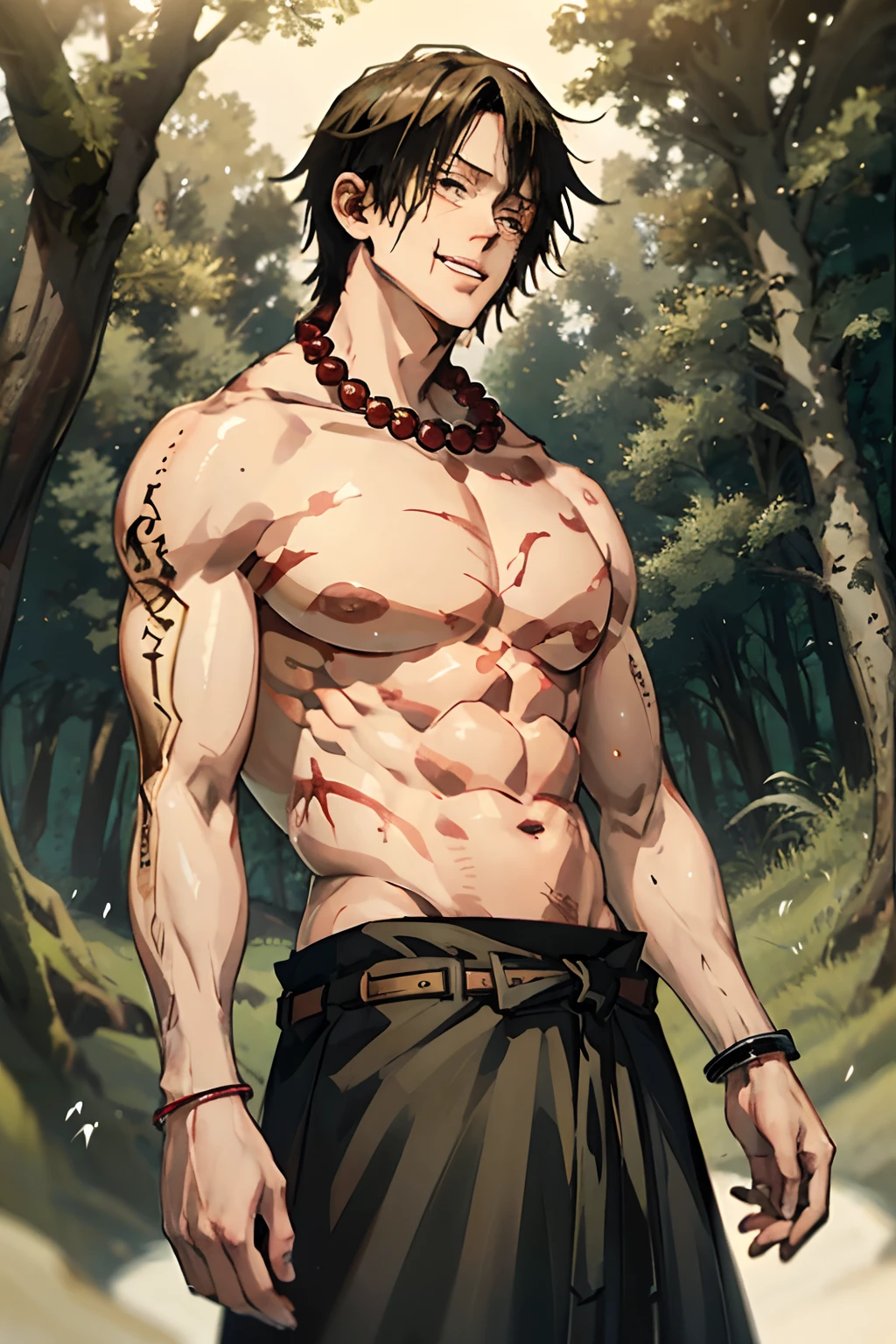 Tall strong man, tight muscles, muscular male, covered in scars, messy blonde hair, angelic, very pale white skin, radiating a beautiful golden glow, Fushigoro Toji, Toji Fushigoro, standing in a forest, shirtless, wearing a bead necklace, Ace, Portgas Ace, Portgas D. Ace